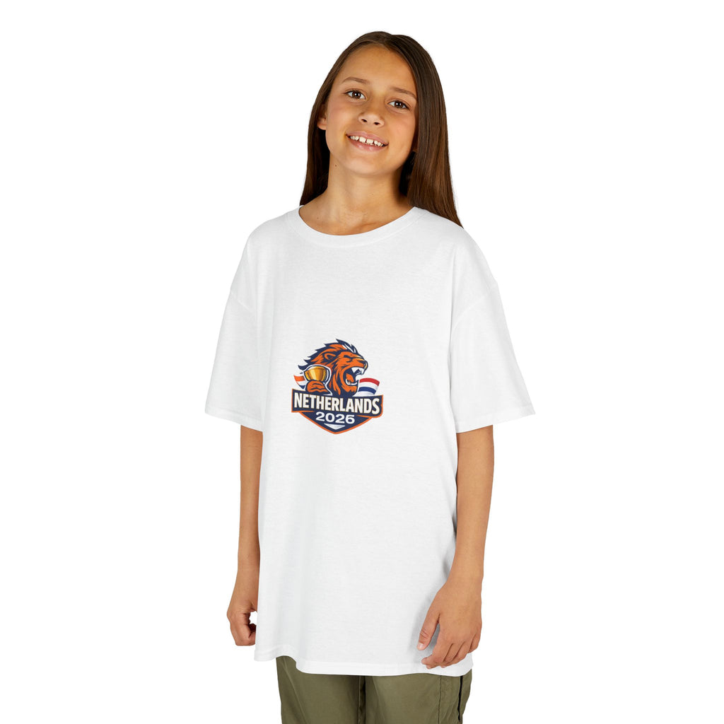 Netherlands Kids T-Shirt — Netherlands 2026 Lion Crest with Dutch Flag Back