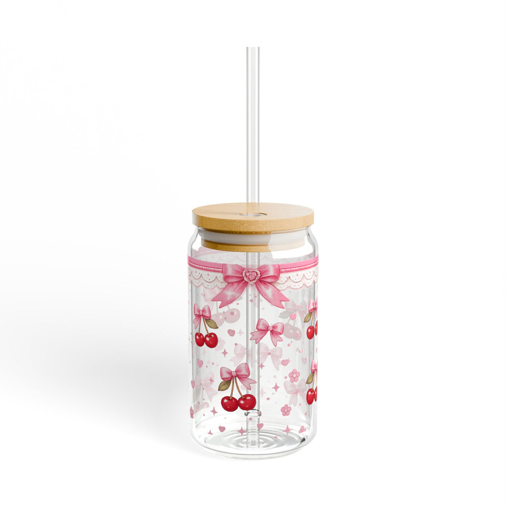 16oz Cherry Bow Sipper Glass - Cute Pink Ribbon Mason Tumbler with Straw
