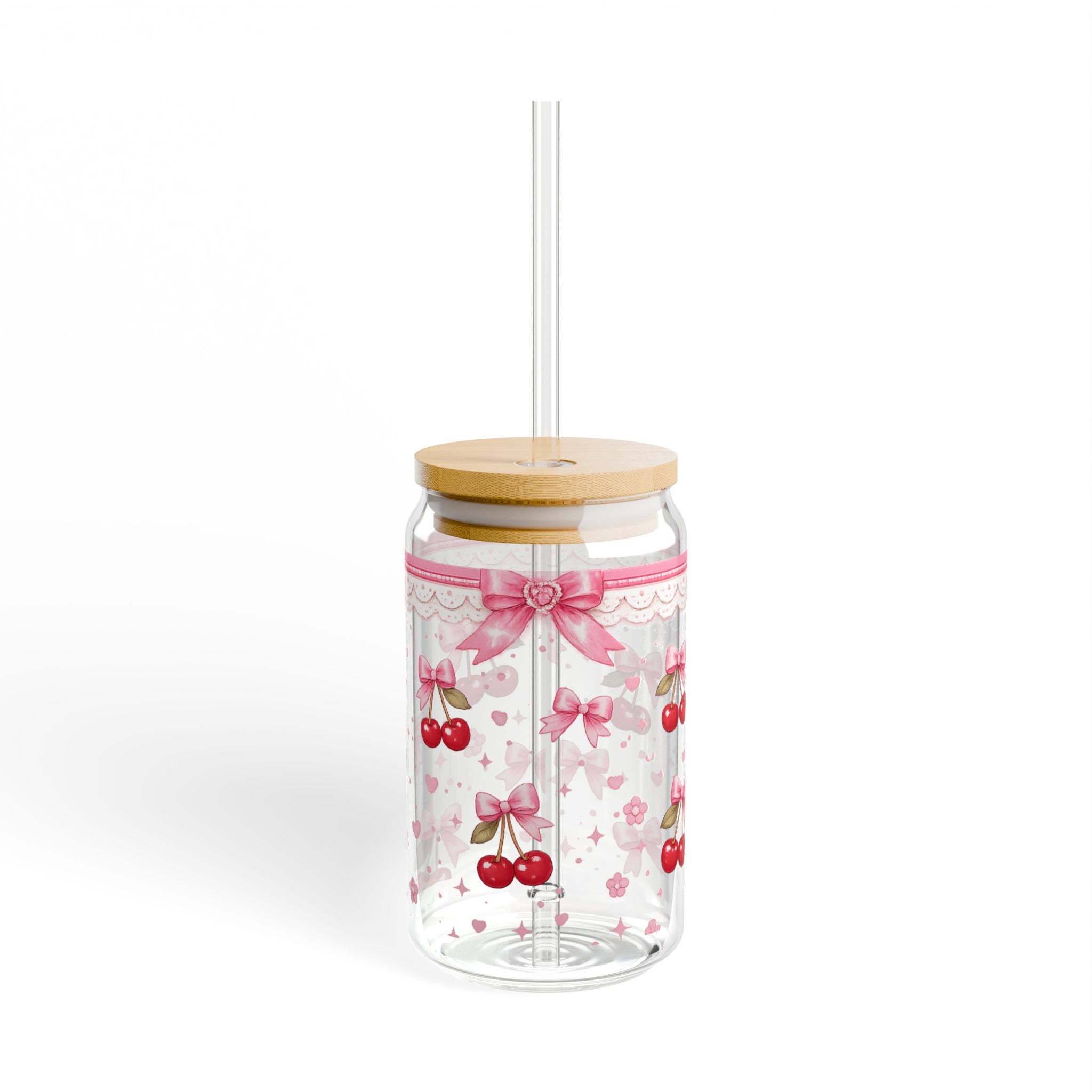 16oz Cherry Bow Sipper Glass - Cute Pink Ribbon Mason Tumbler with Straw