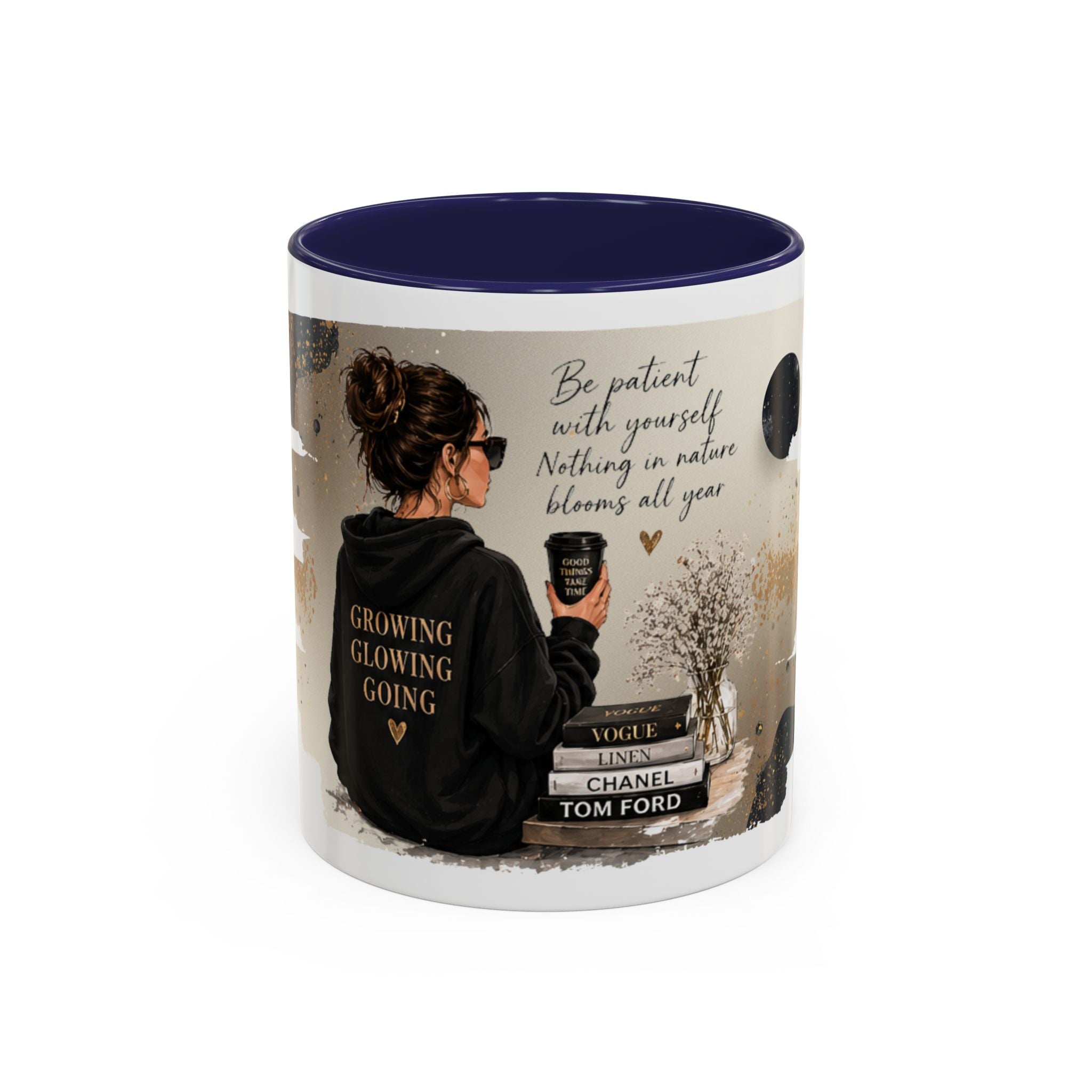 Inspirational Coffee Mug — "Be patient with yourself" Cozy Woman Design (11oz)