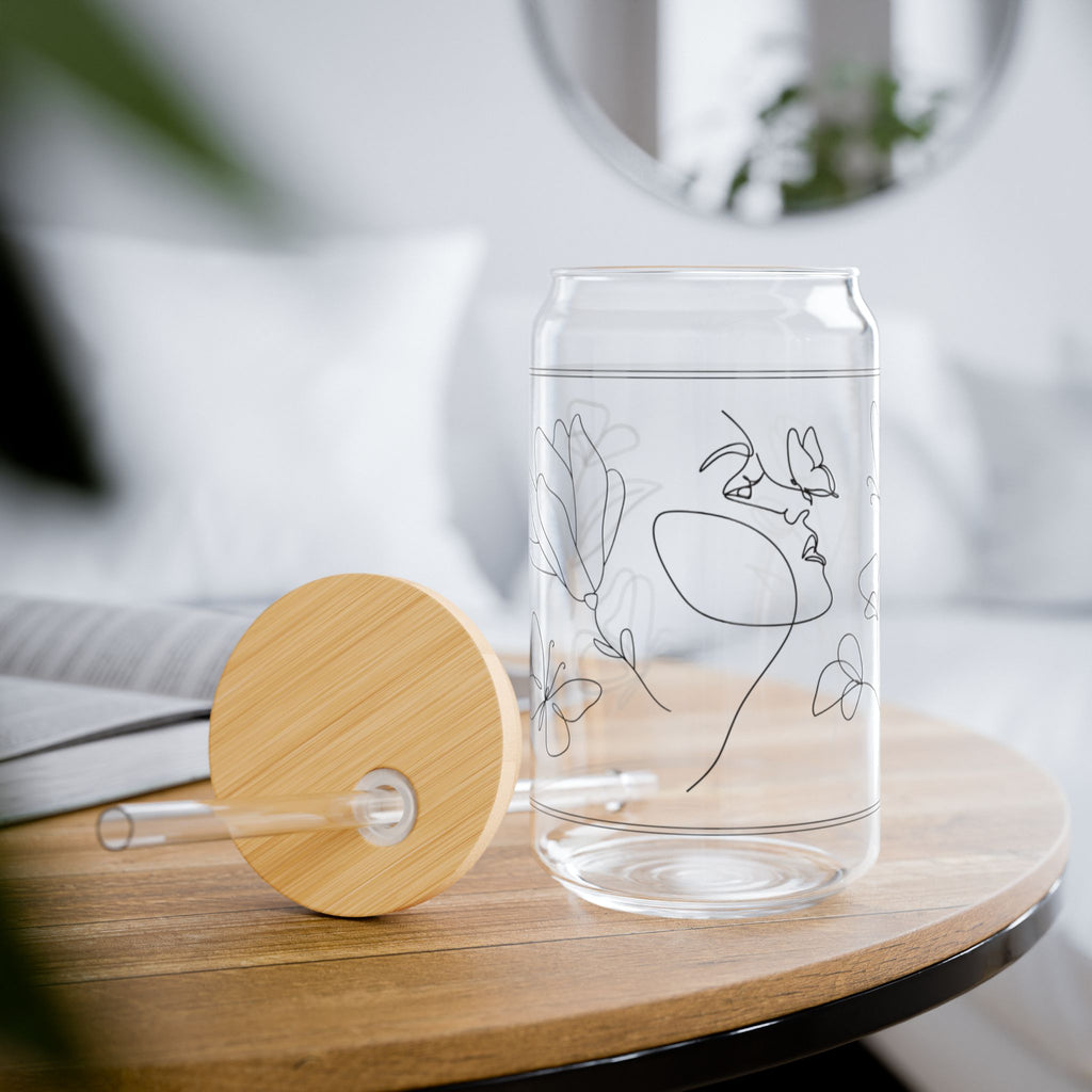 Floral Outline Sipper Glass - 16oz Bamboo Lid & Straw