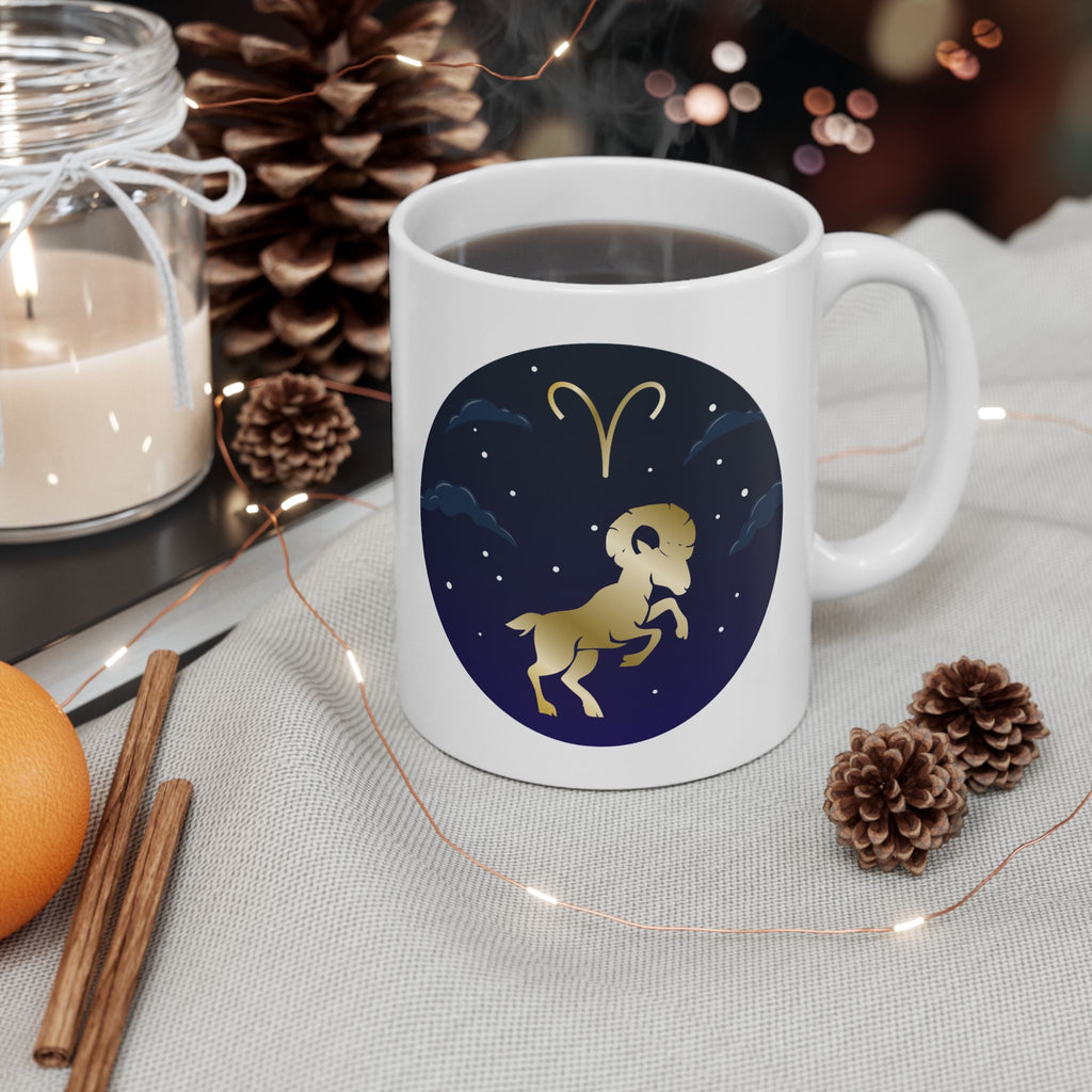 Aries Dreamy Night Cat Ceramic Mug – Starry Moon Cat Illustration (11oz, 15oz)