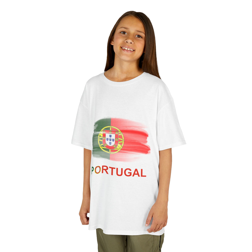 Portugal Kids T‑Shirt — Painted Flag Design (Front Crest, Back Crossed Flags)
