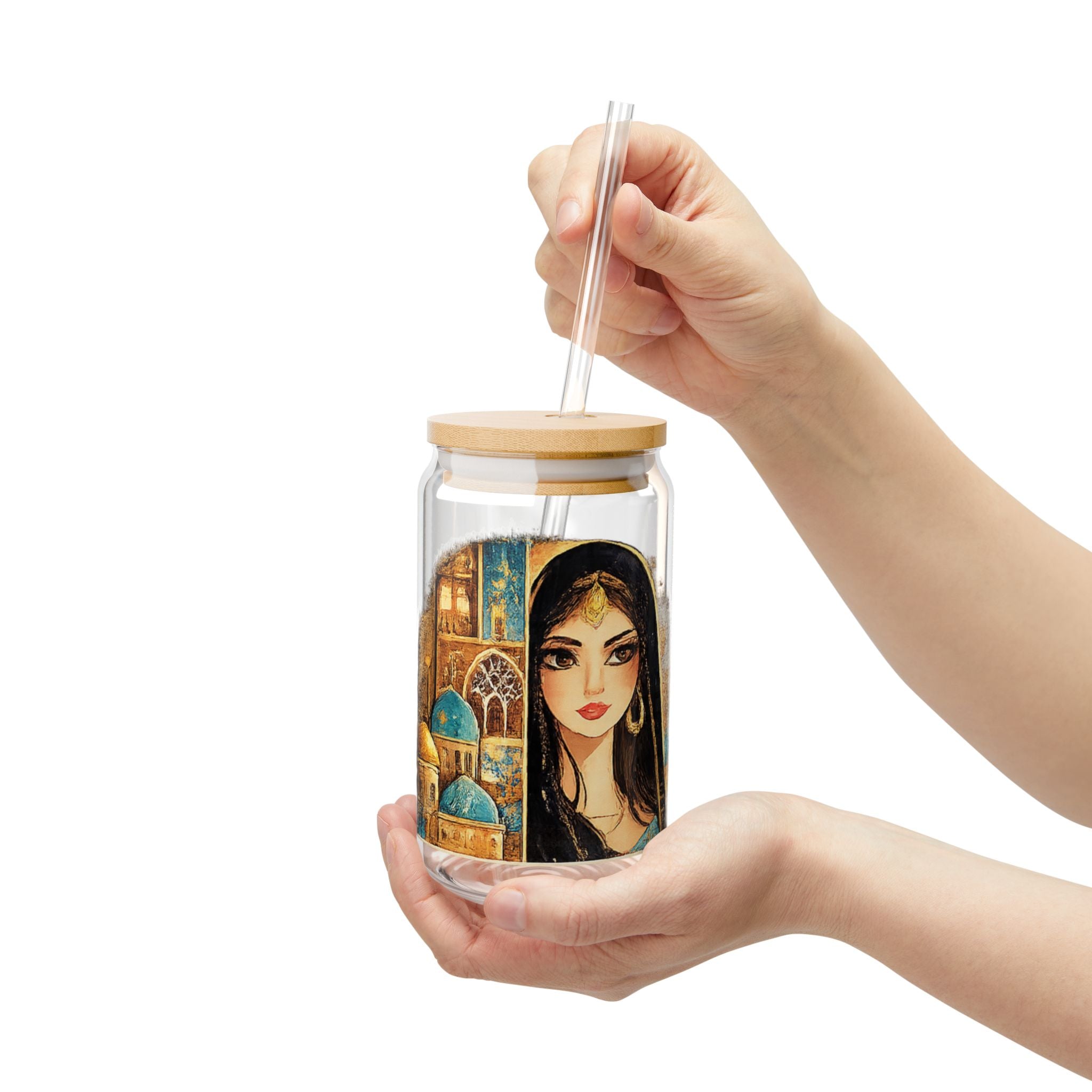 16oz Sipper Glass — Middle Eastern Cityscape & Portrait Travel Tumbler