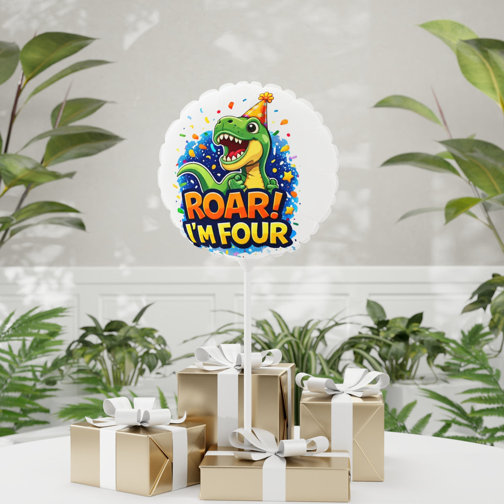4th Birthday Dinosaur Balloon - "ROAR! I'm Four" Round 11" Party Balloon