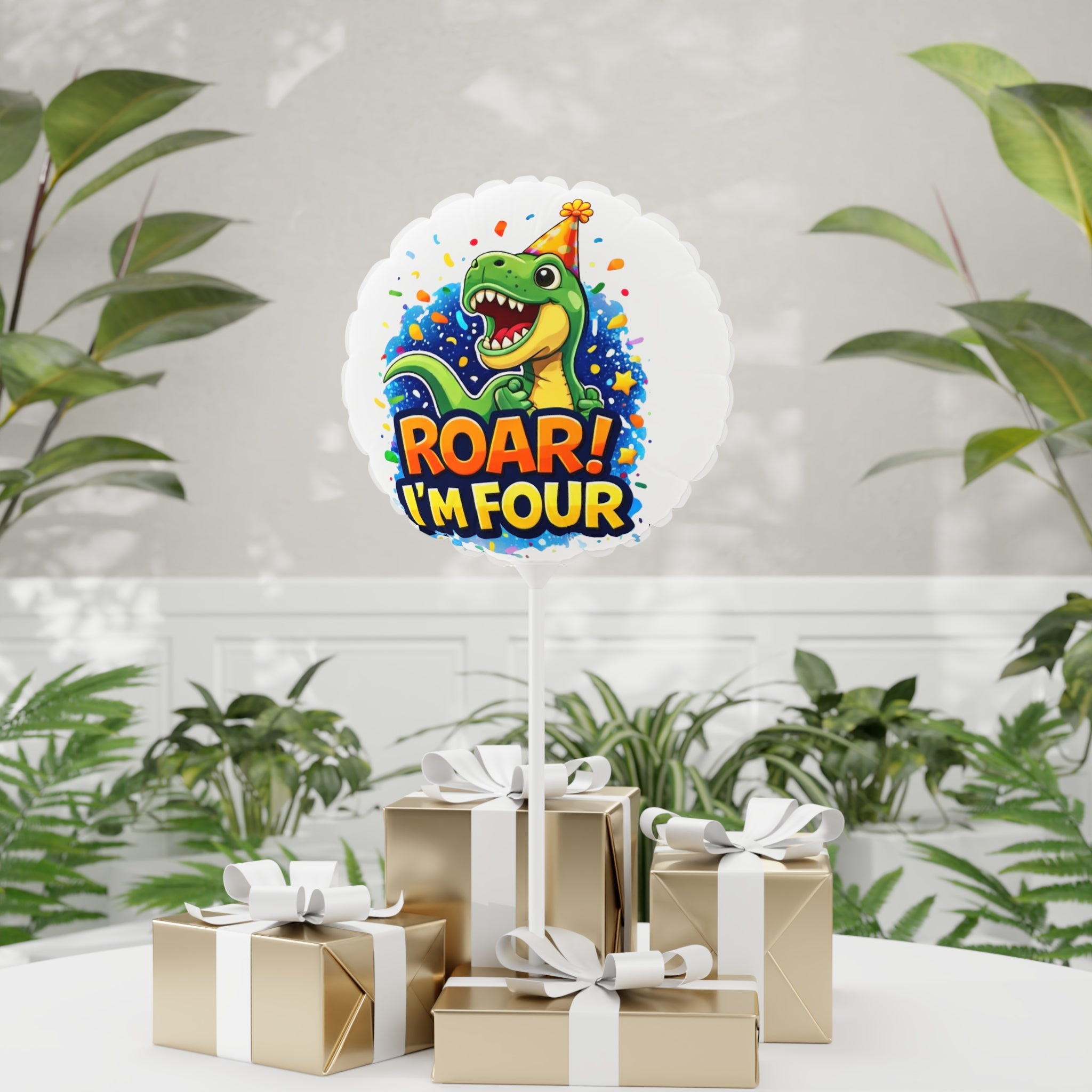 4th Birthday Dinosaur Balloon - "ROAR! I'm Four" Round 11" Party Balloon