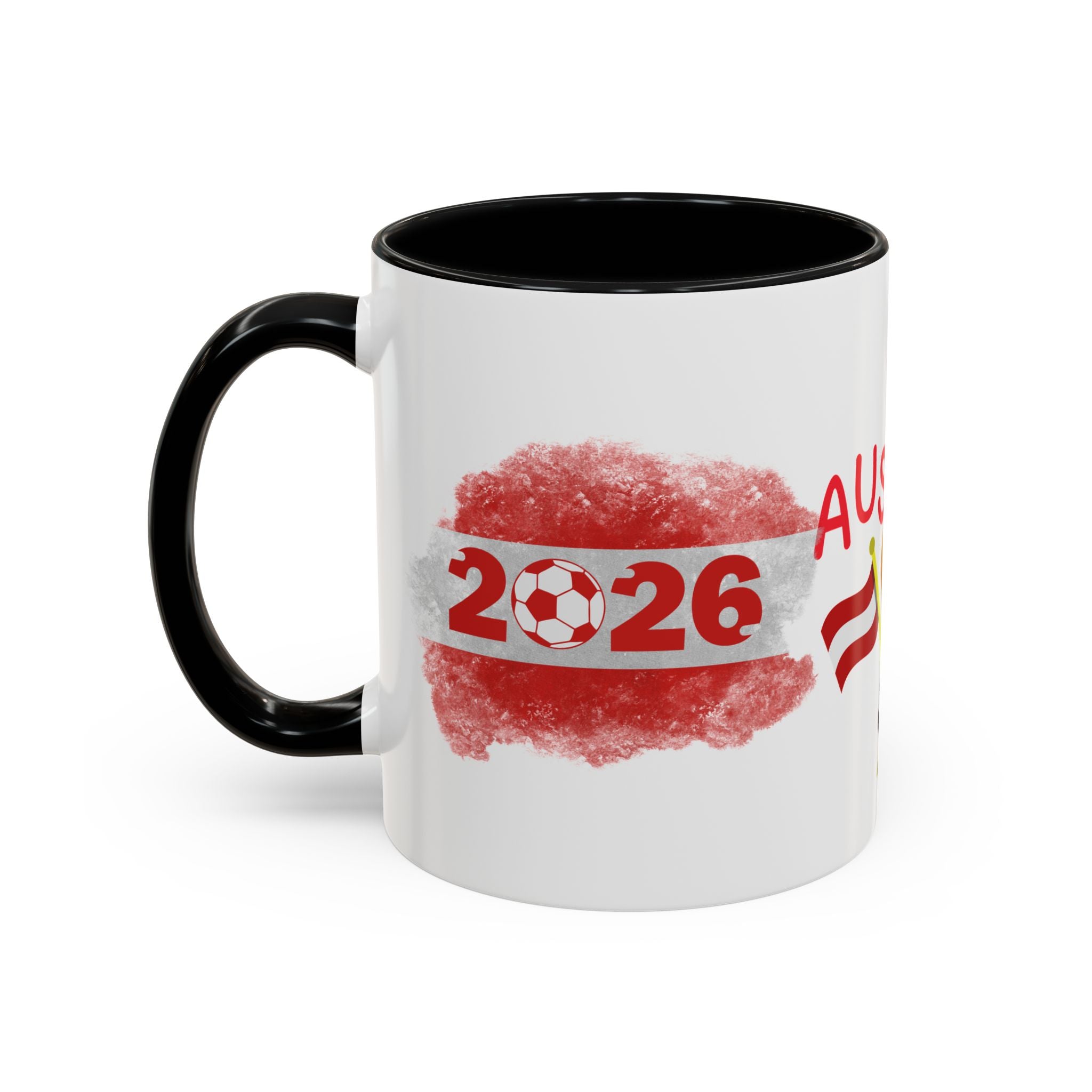 Austria 2026 Soccer Cup Accent Coffee Mug — Red Flag & Trophy Design (11/15oz)
