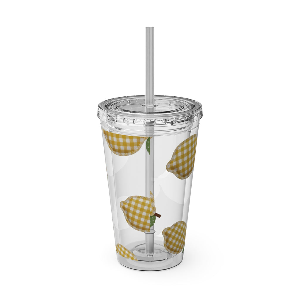 Gingham Pear Sunsplash Tumbler, 16oz Clear Travel Cup with Straw