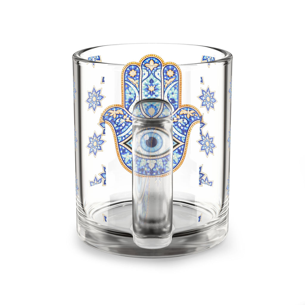 Hamsa Evil Eye Glass Mug — 10oz Blue Mosaic Protection Tea/Coffee Cup