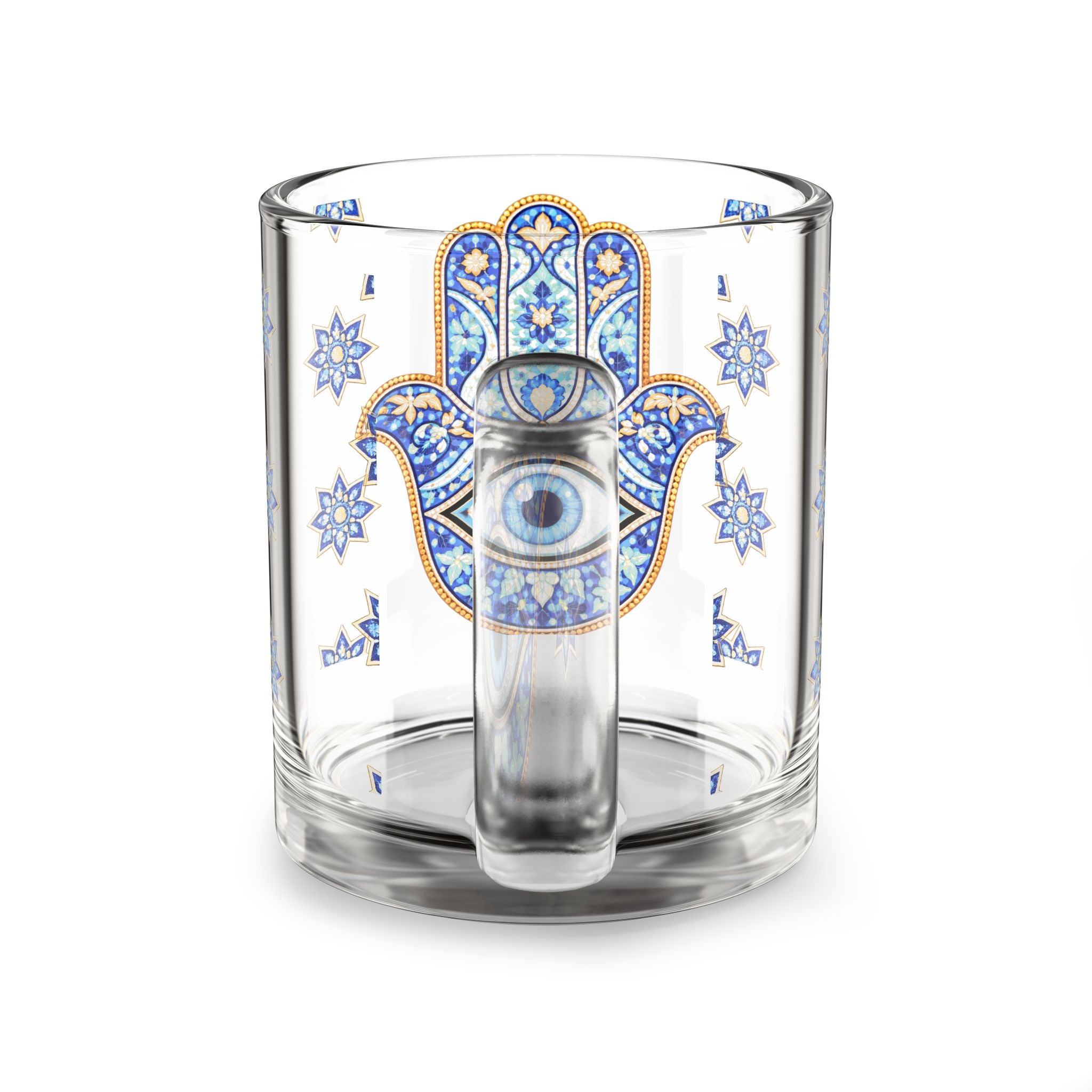 Hamsa Evil Eye Glass Mug — 10oz Blue Mosaic Protection Tea/Coffee Cup