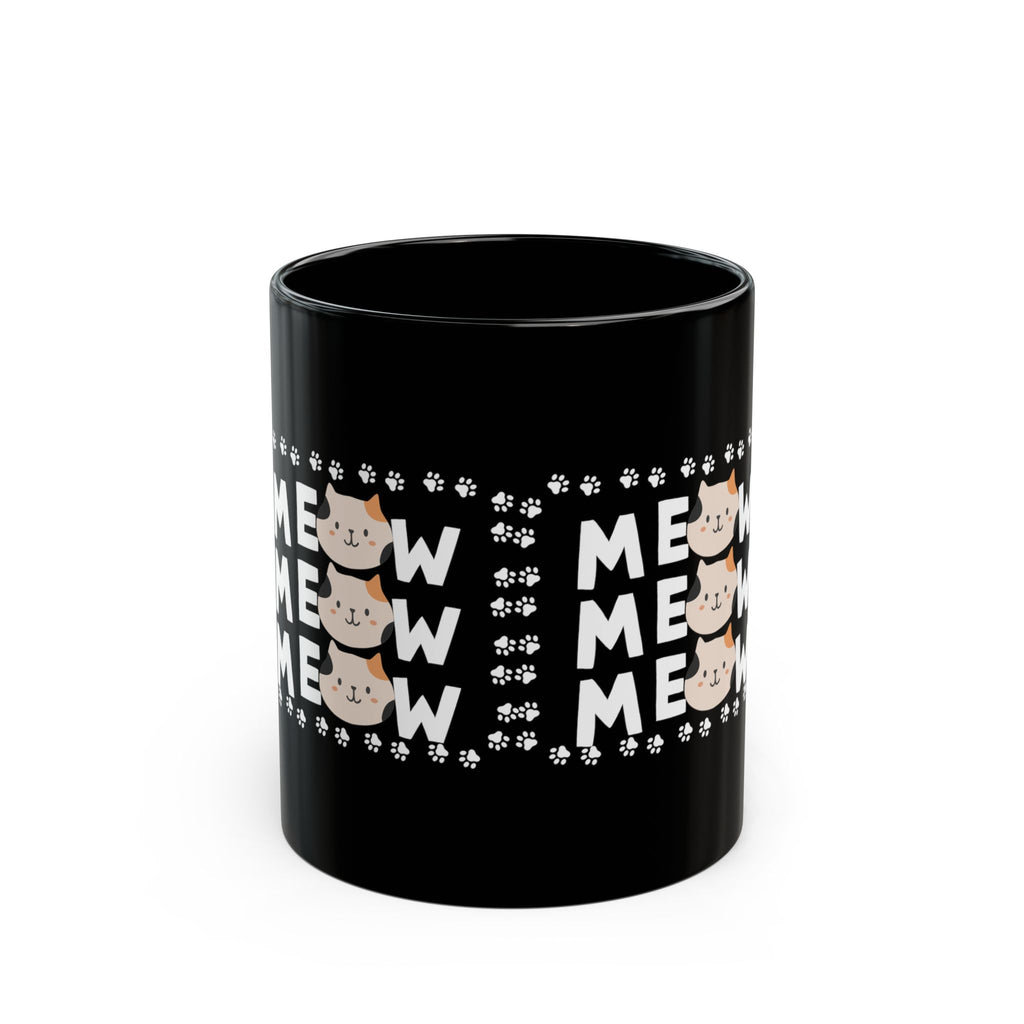 Meow Cat Mug — Black Ceramic Coffee Cup with Cute Cat Faces & Paw Print Pattern