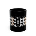 Meow Cat Mug — Black Ceramic Coffee Cup with Cute Cat Faces & Paw Print Pattern