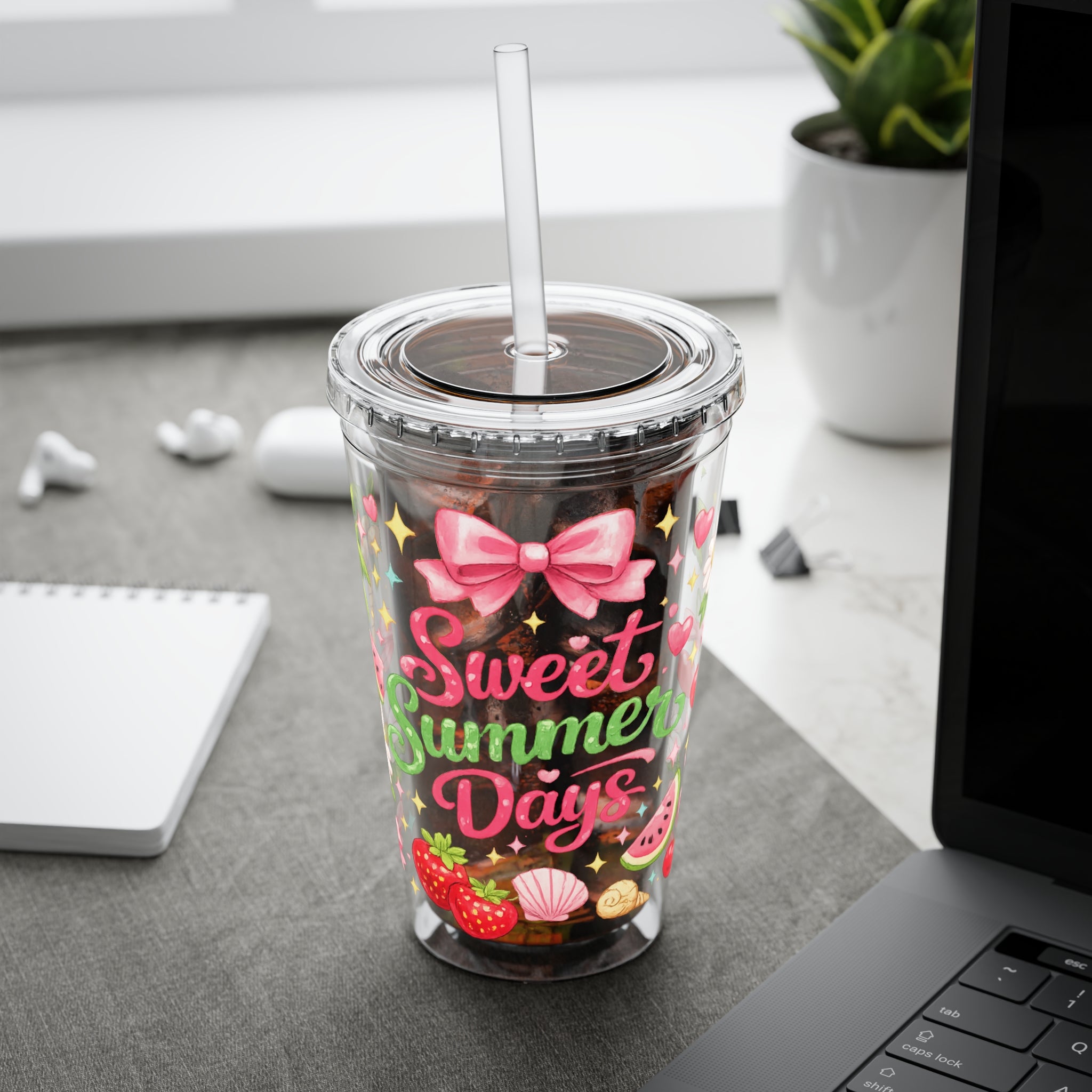Sweet Summer Days Tumbler — 16oz Clear Straw Cup with Tropical Fruits & Bow Design