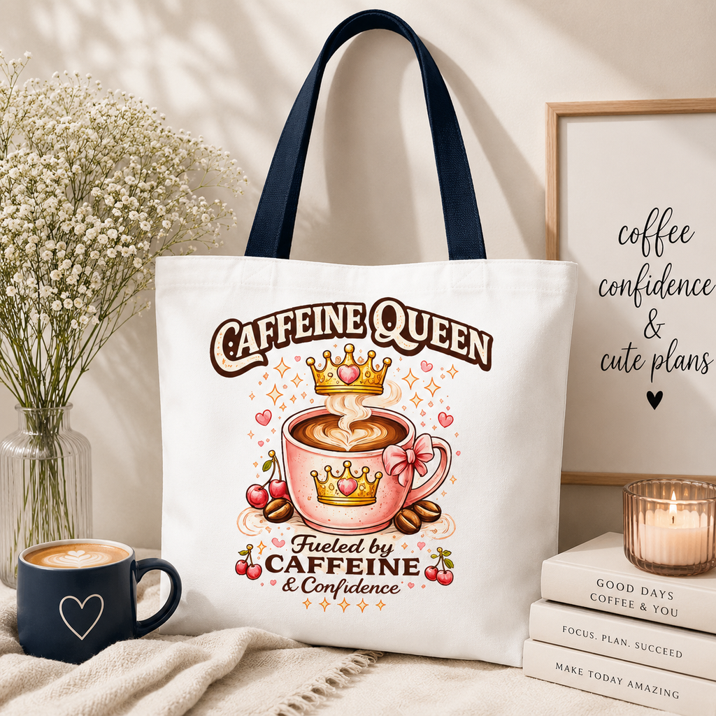 Caffeine Queen Tote Bag — 'Fueled by Caffeine & Confidence' Coffee Lover Tote