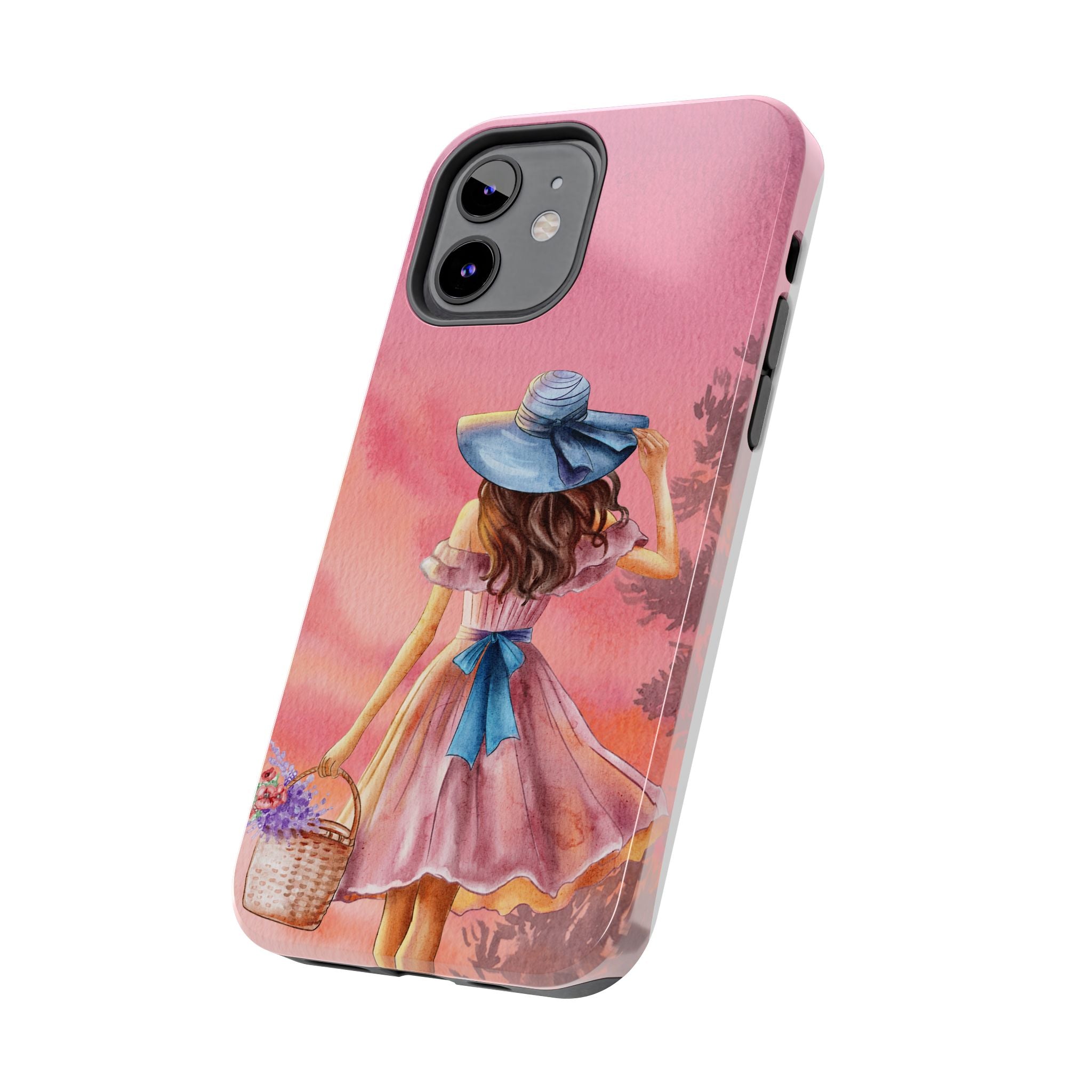 Pastel Picnic Girl Phone Case — Protective Tough Phone Case with Watercolor Sunset Design