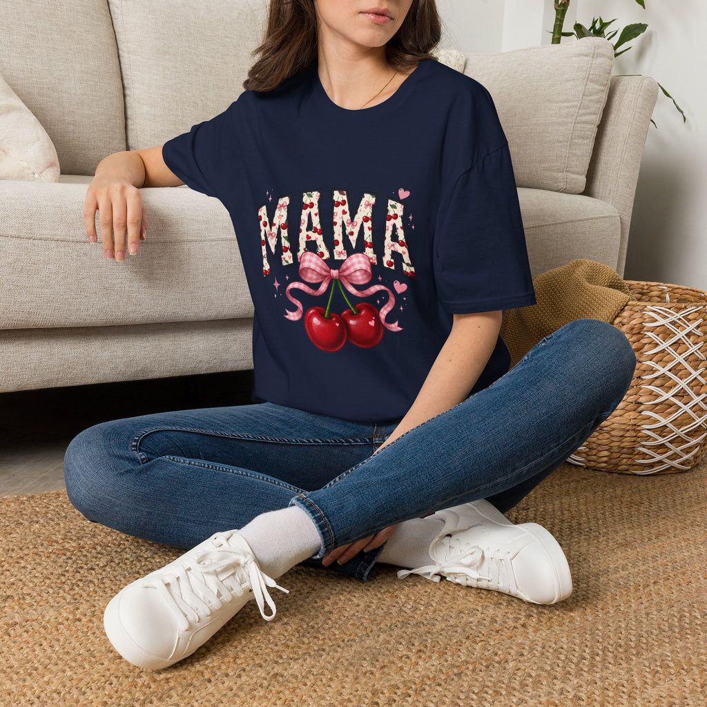 Mama Floral Cherry T‑Shirt — Cute Mama Typography with Bow