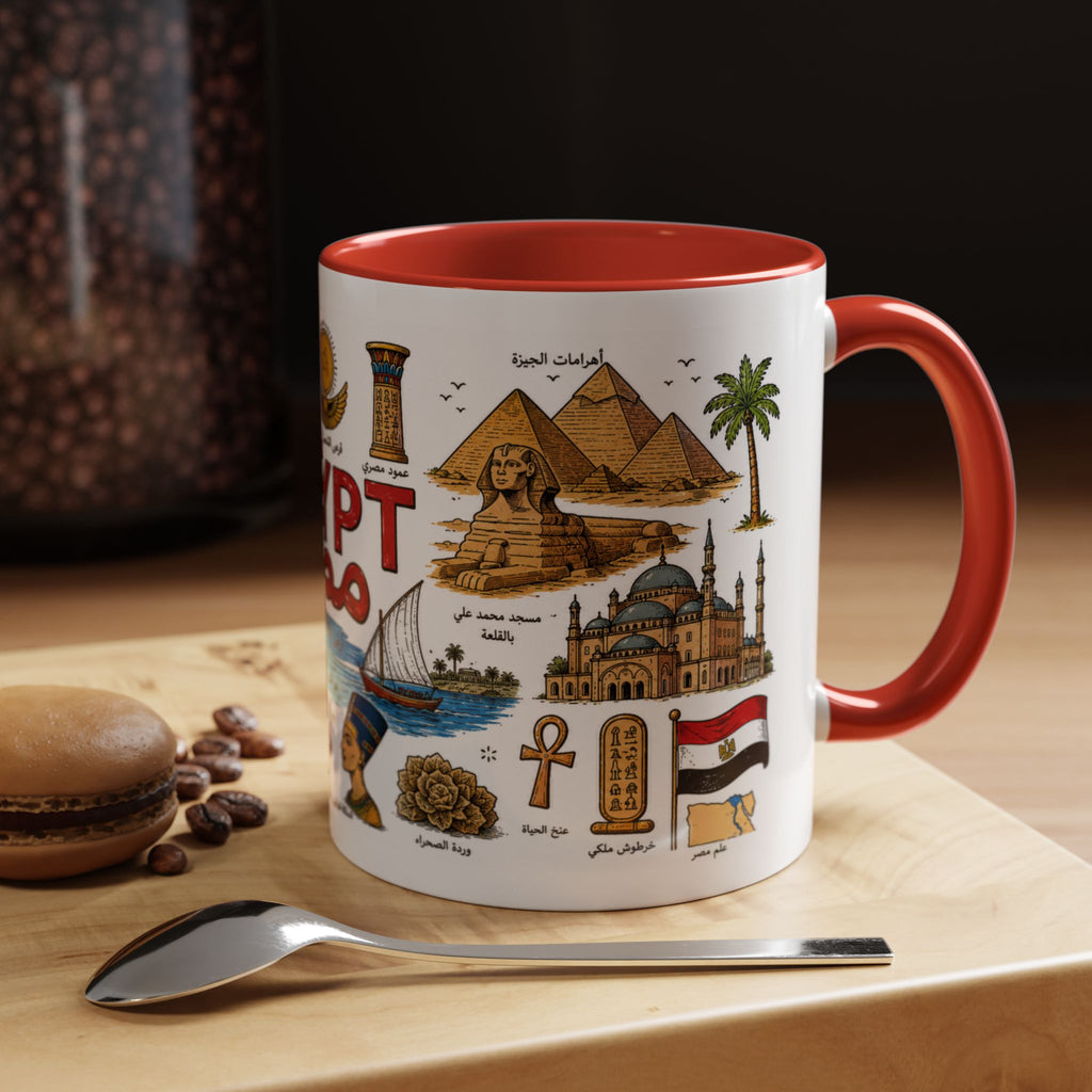 Egypt Landmarks Coffee Mug — Vintage Egyptian Icons & Arabic 'Egypt' Design (11oz)