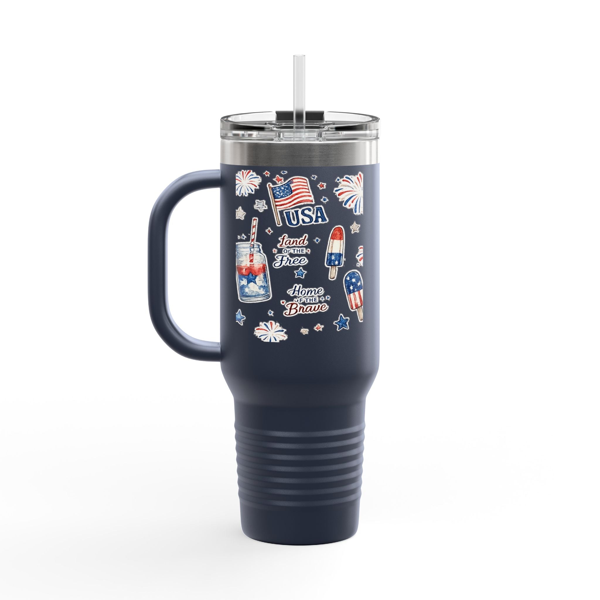 40oz Insulated Travel Mug — Patriotic USA Fourth of July Design (Land of the Free, Home of the Brave)