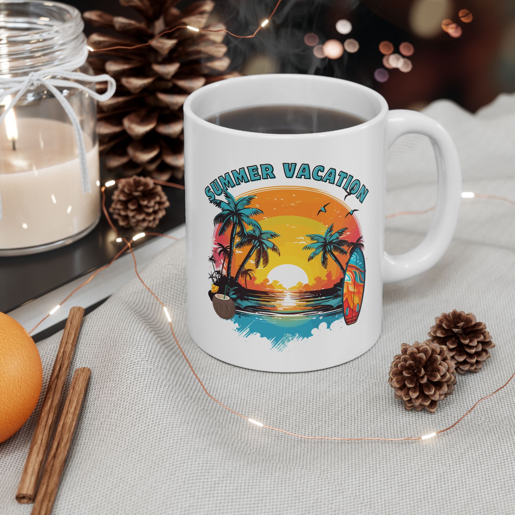 Summer Vibes Ceramic Mug – Tropical Sunset Palm Tree Coffee Cup (11oz/15oz)