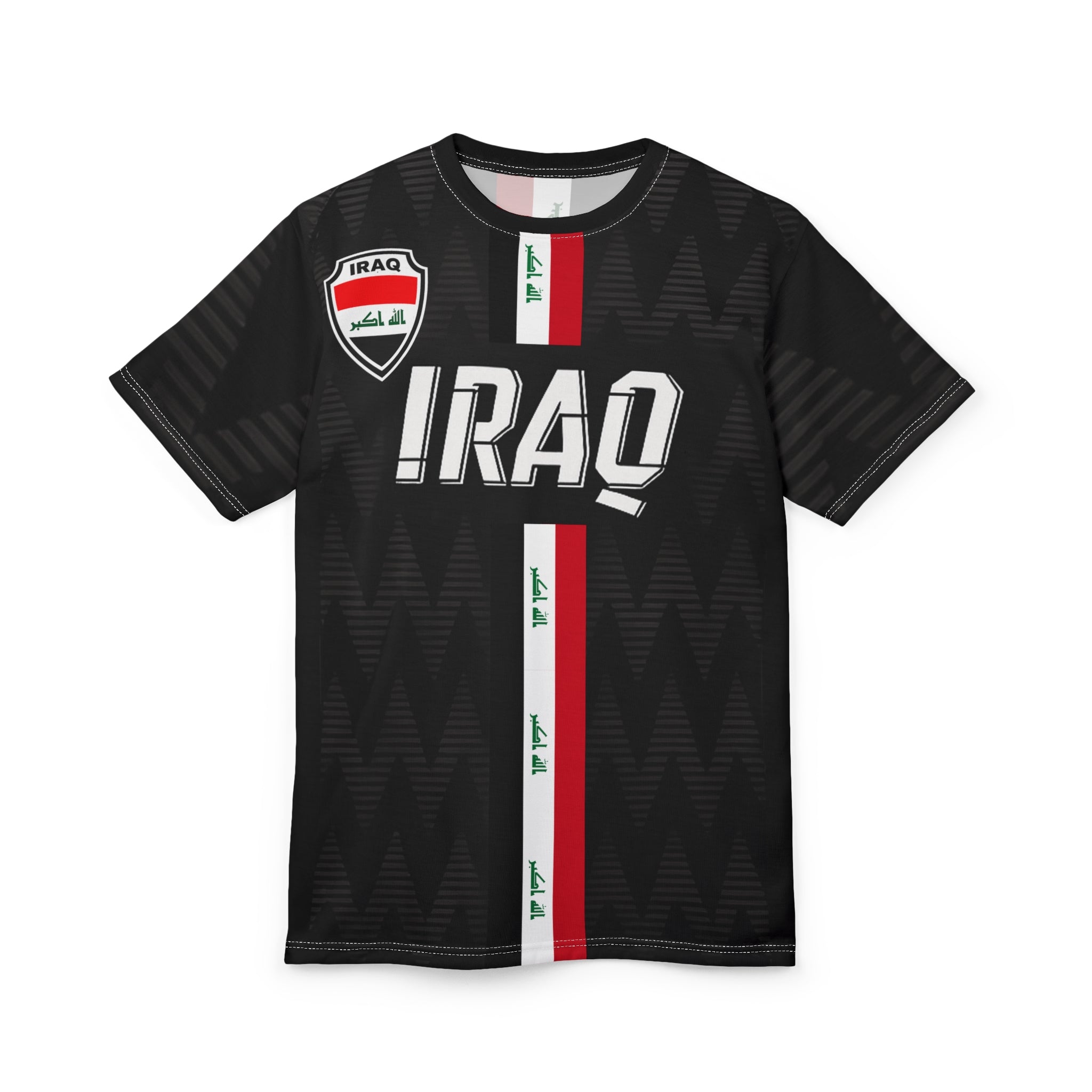 Iraq Flag Football Jersey Tee – Black All-Over Print with Vertical Flag Stripe