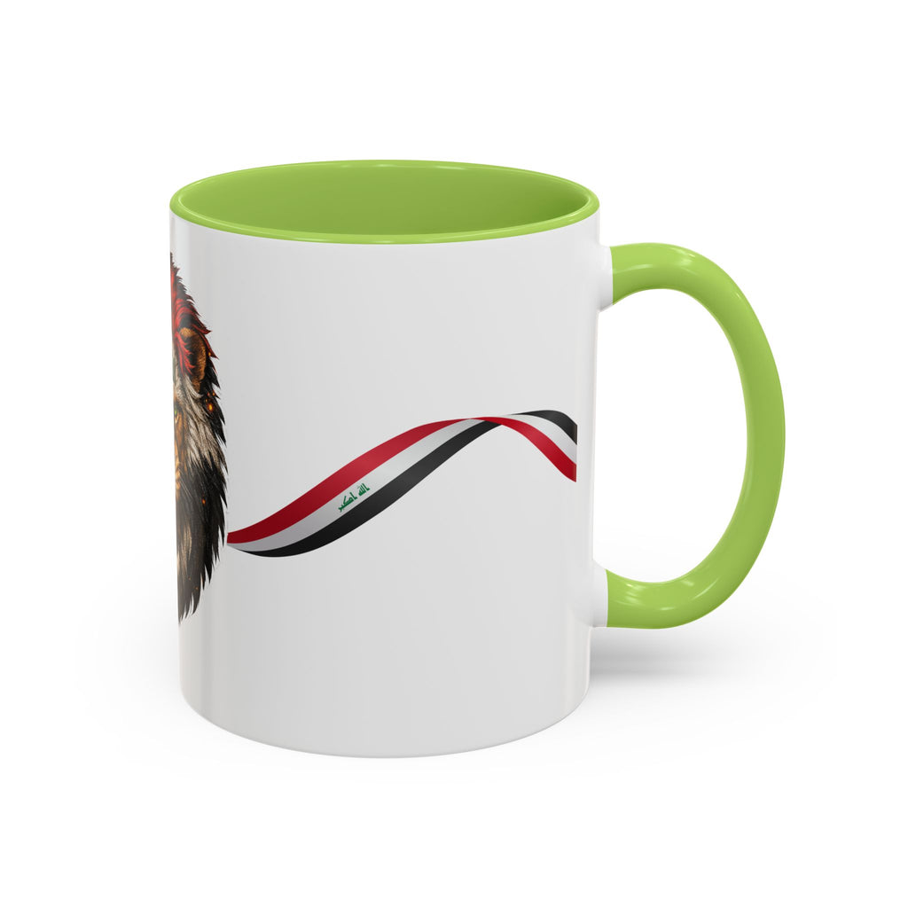 Iraq Lion Head Accent Coffee Mug with Arabic Script and Flag Ribbon – Patriotic Iraq Gift (11/15oz)