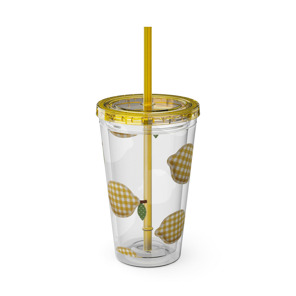 Gingham Pear Sunsplash Tumbler, 16oz Clear Travel Cup with Straw