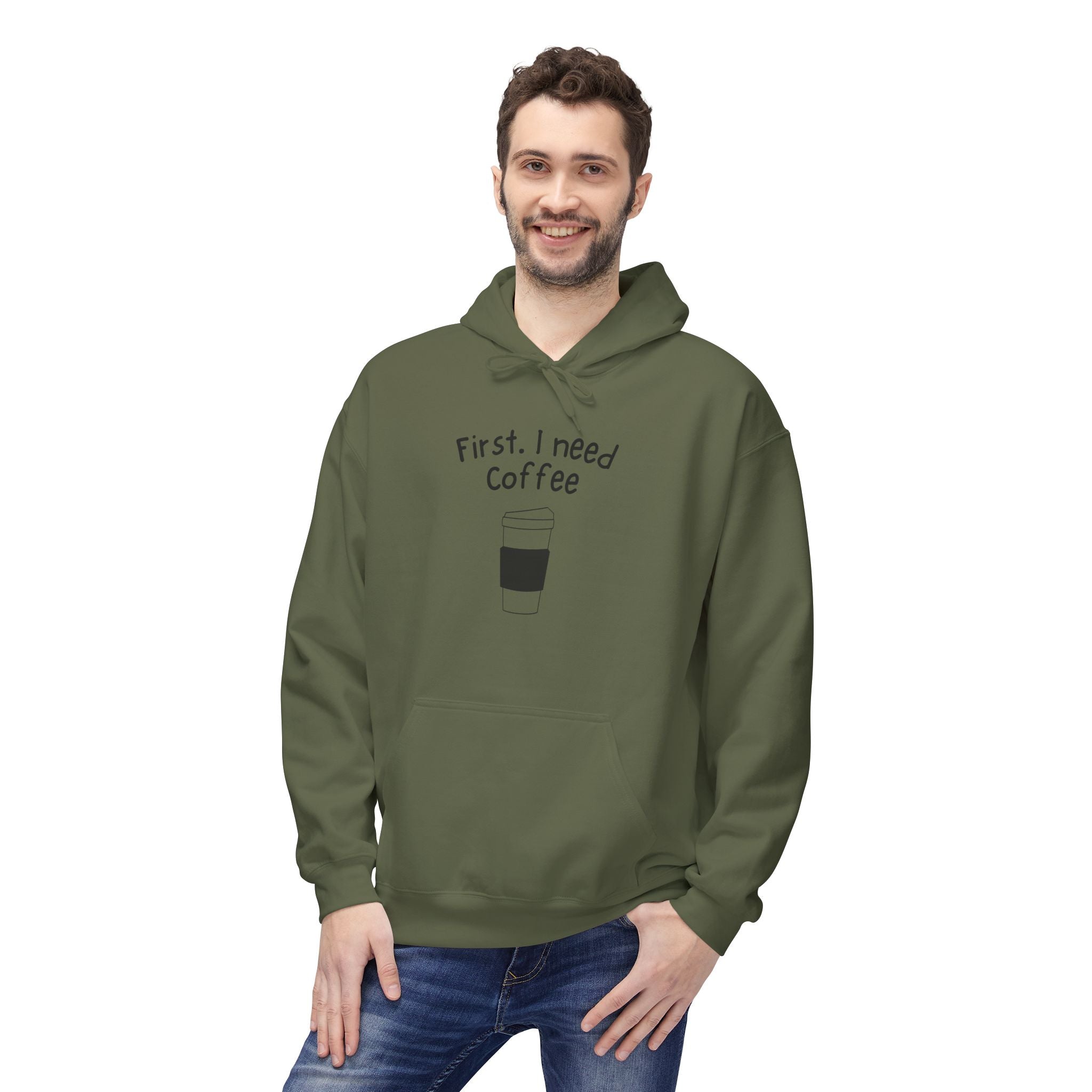 Coffee Hoodie – “First, I Need Coffee” Minimalist Pullover