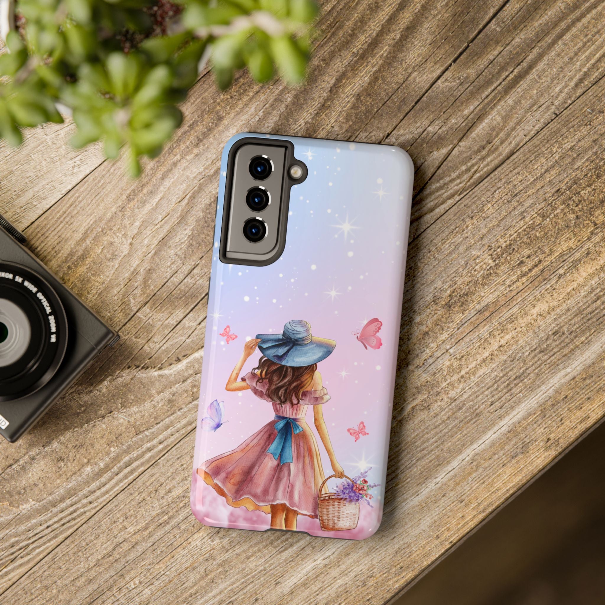 Pastel Girl with Hat Phone Case — Floral Basket Butterfly Tough Phone Case