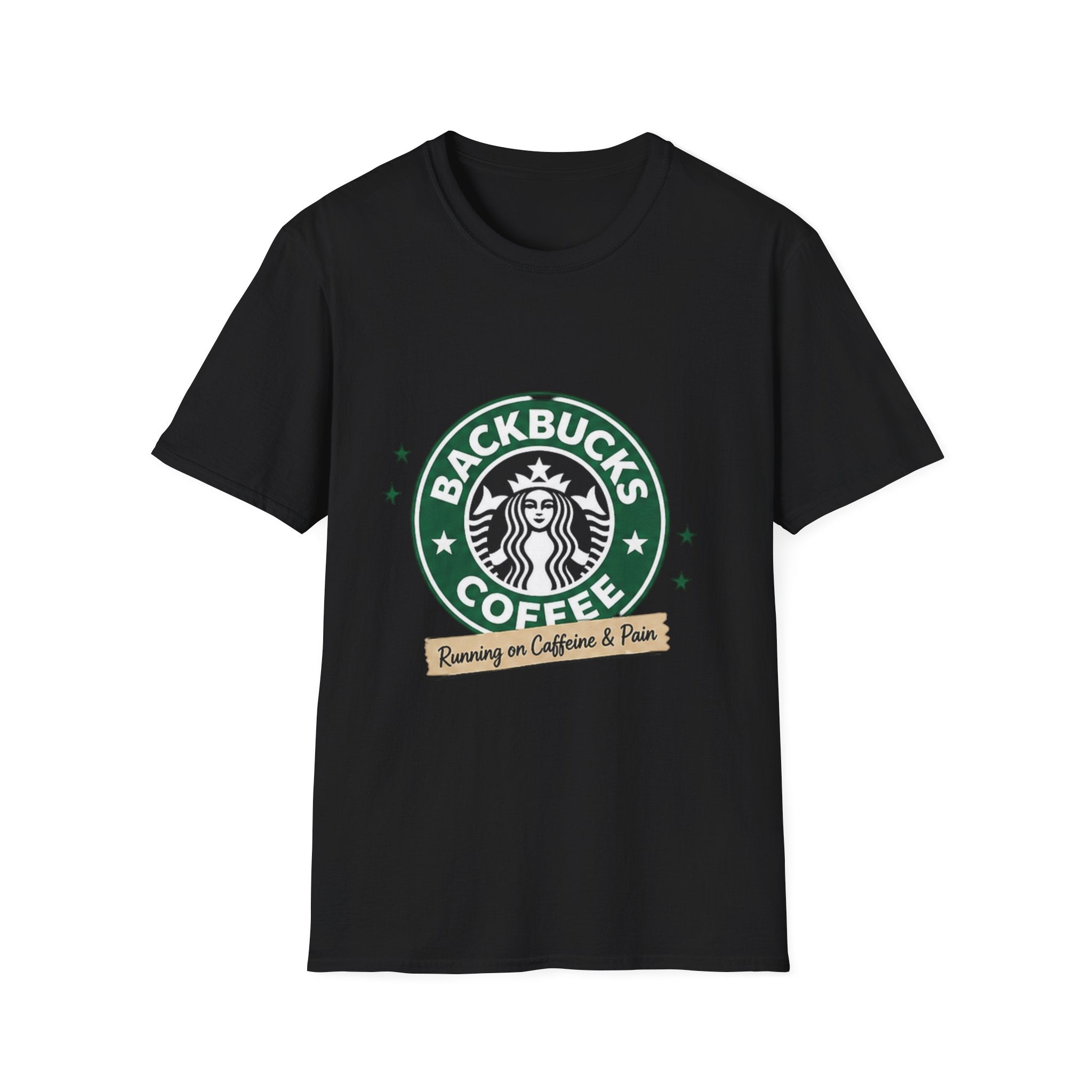 Backbucks Coffee T-Shirt — "Running on Caffeine & Pain" Vintage Logo Tee
