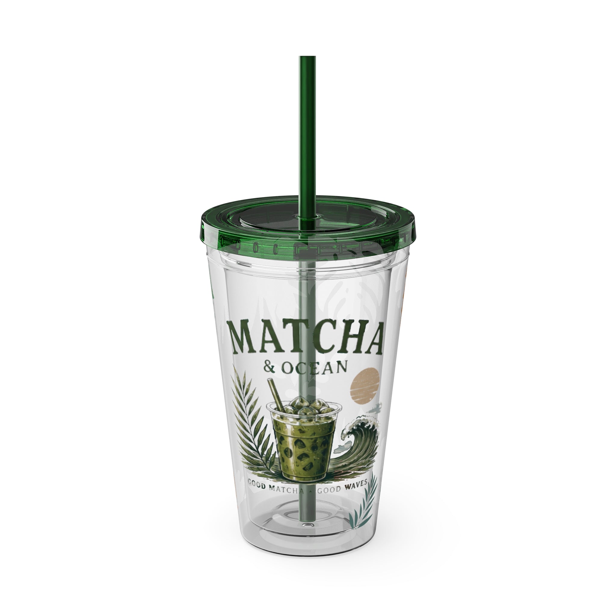 Matcha & Ocean 16oz Tumbler with Straw — Tropical Leaf Sunsplash Design