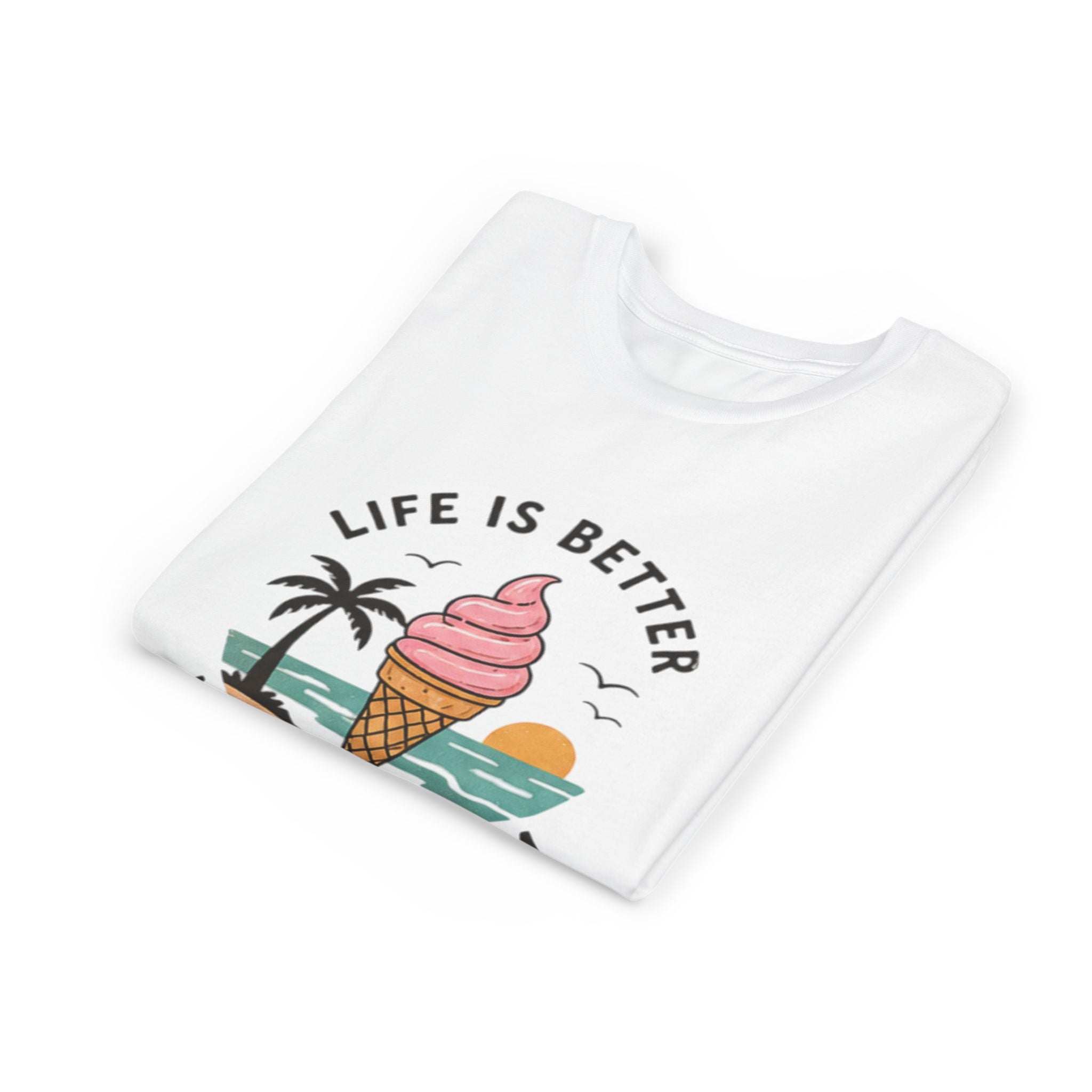 Youth Tee — "Life Is Better With Ice Cream" Ice Cream Cone Beach Graphic