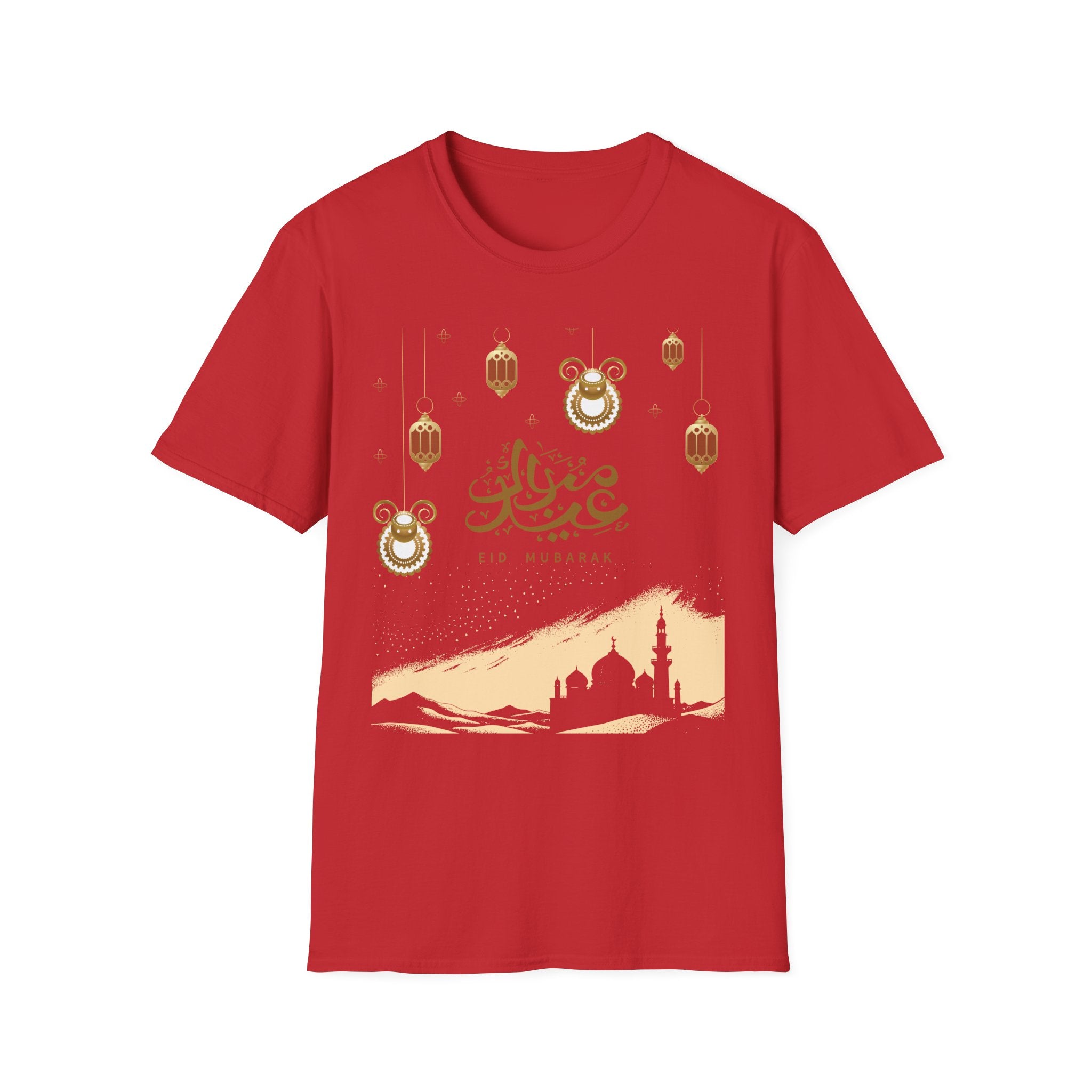 Eid Mubarak T-Shirt — Gold Lanterns & Mosque Silhouette