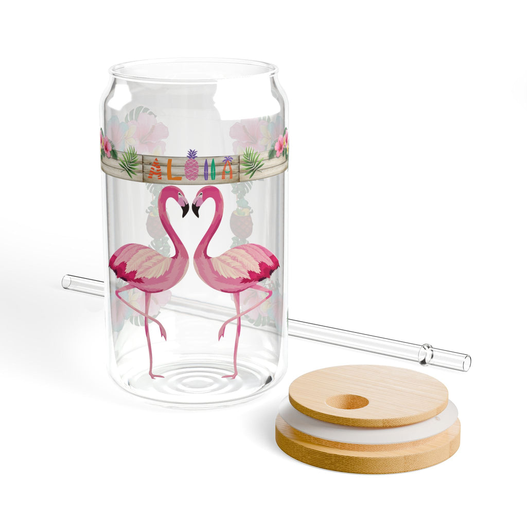 Flamingo Floral Sipper Glass — 16oz Tropical Drink Jar with Straw