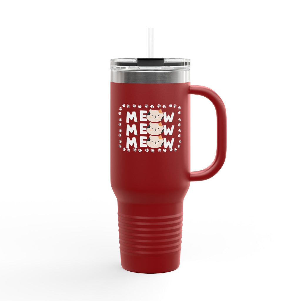 40oz Insulated Travel Mug — Red "MEOW MEOW" Cute Cat Paw Design