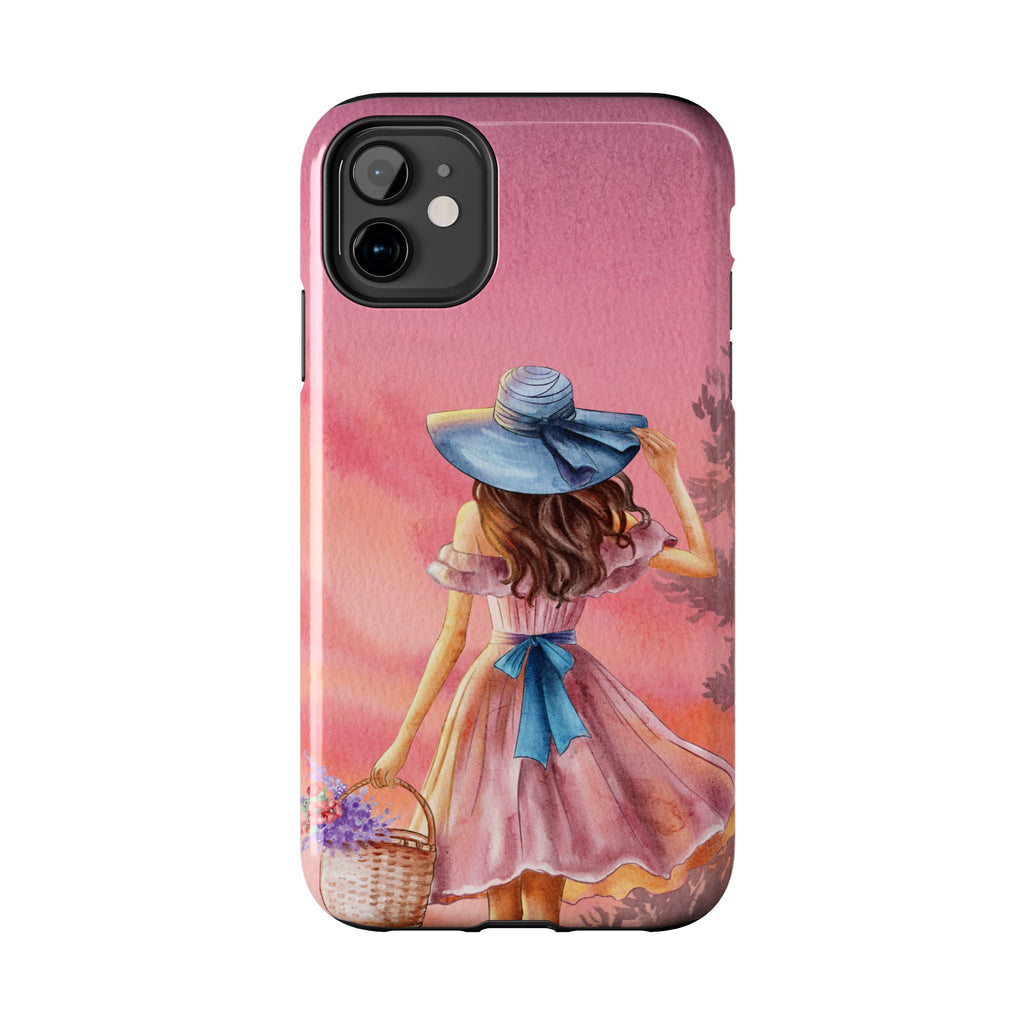 Pastel Picnic Girl Phone Case — Protective Tough Phone Case with Watercolor Sunset Design
