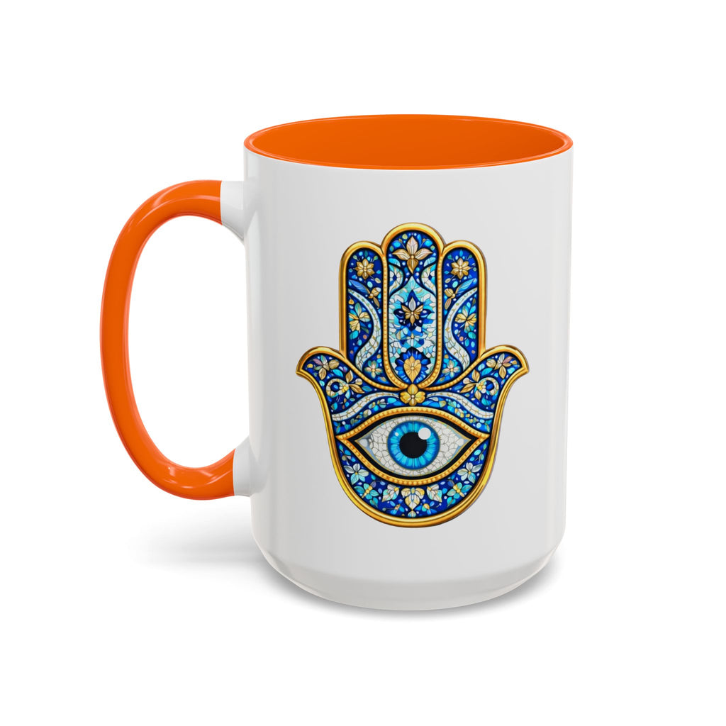Hamsa Hand Accent Coffee Mug – Blue Protective Evil Eye Ceramic Mug (11/15oz)
