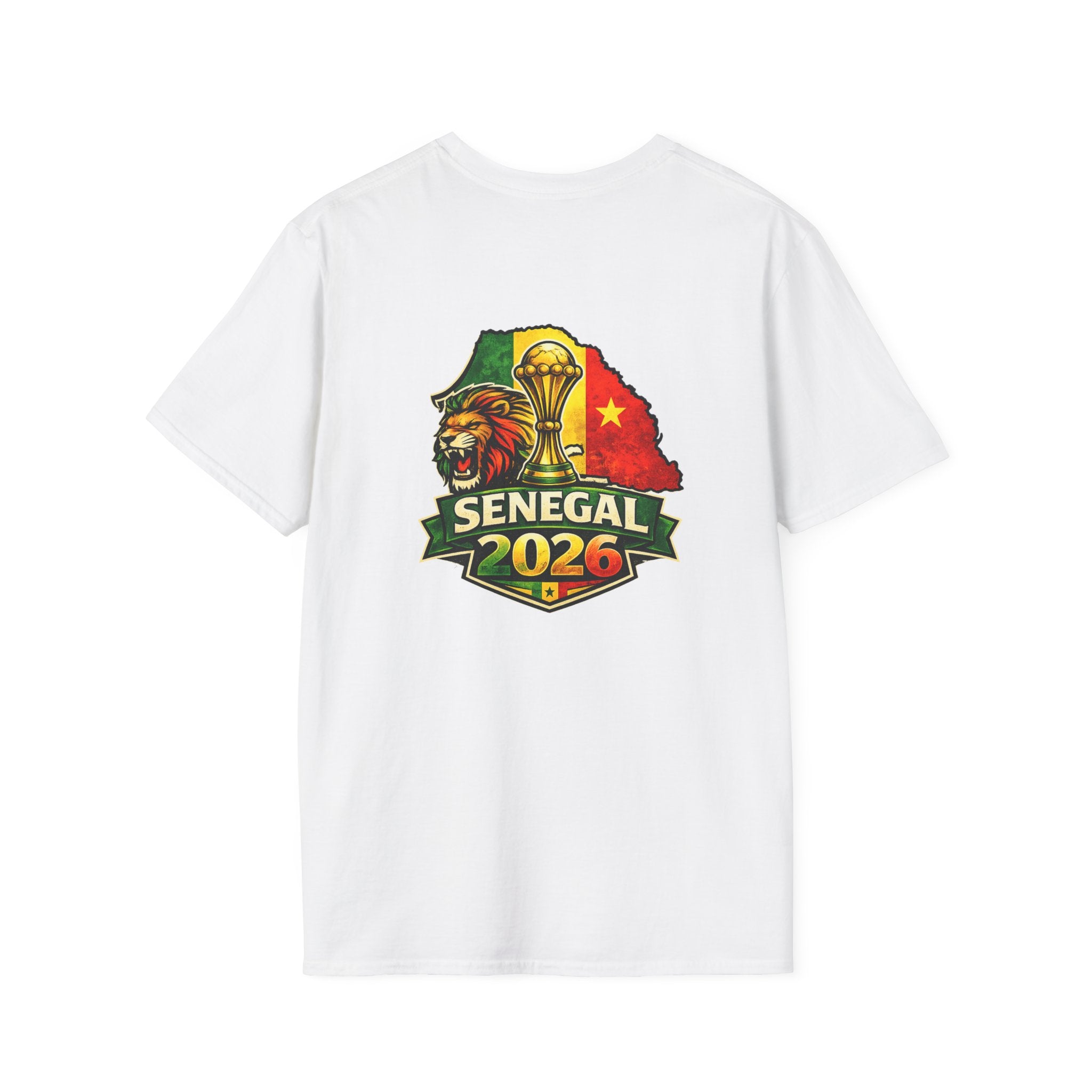 Senegal 2026 Soccer T-Shirt — Flag Front, Back Crest with Lion & Trophy
