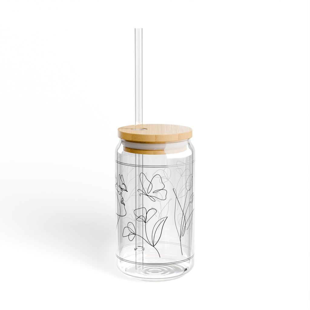 Floral Outline Sipper Glass - 16oz Bamboo Lid & Straw