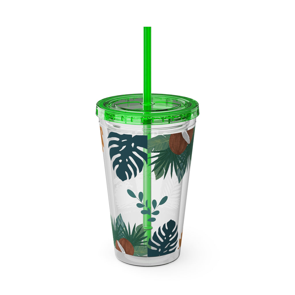 Matcha & Ocean 16oz Tumbler with Straw — Tropical Leaf Sunsplash Design