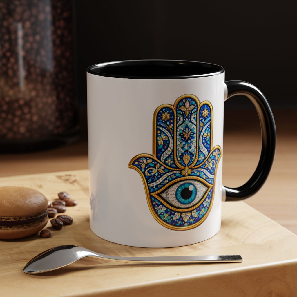 Hamsa Hand Accent Coffee Mug – Blue Protective Evil Eye Ceramic Mug (11/15oz)