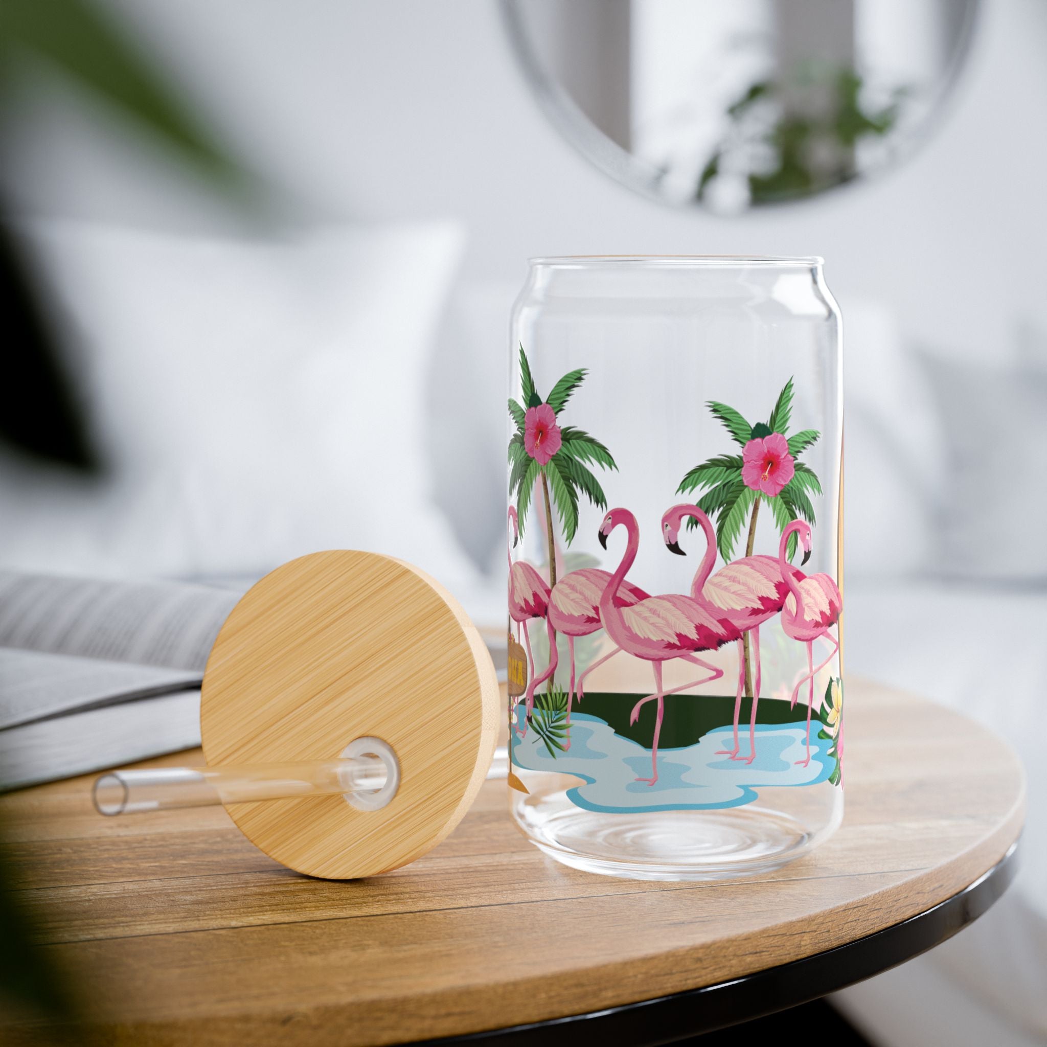 Flamingo Beach Sipper Glass — 16oz Tropical Drink Jar with Straw