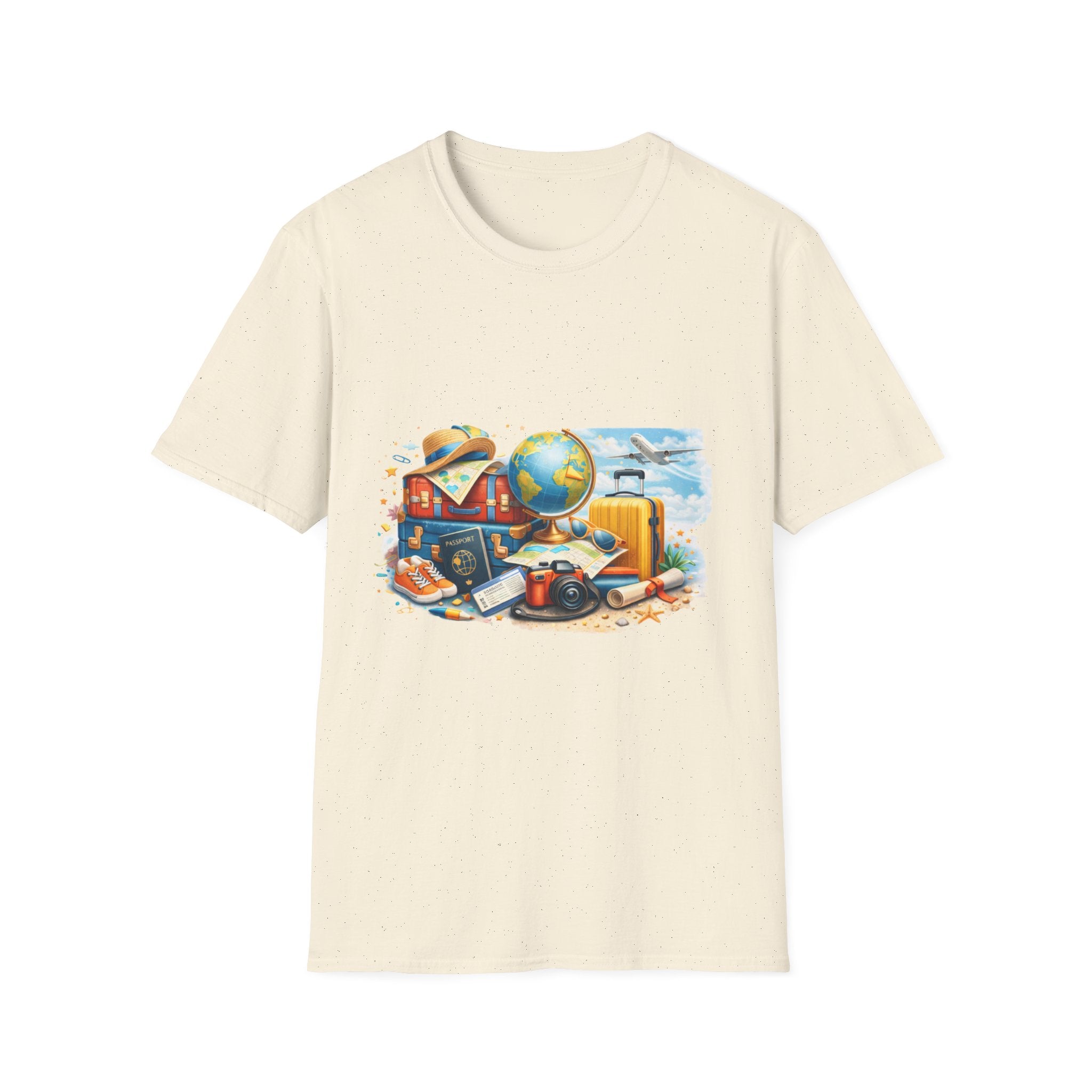 Travel Vibes T-Shirt — Retro Luggage, Globe & Camera Design