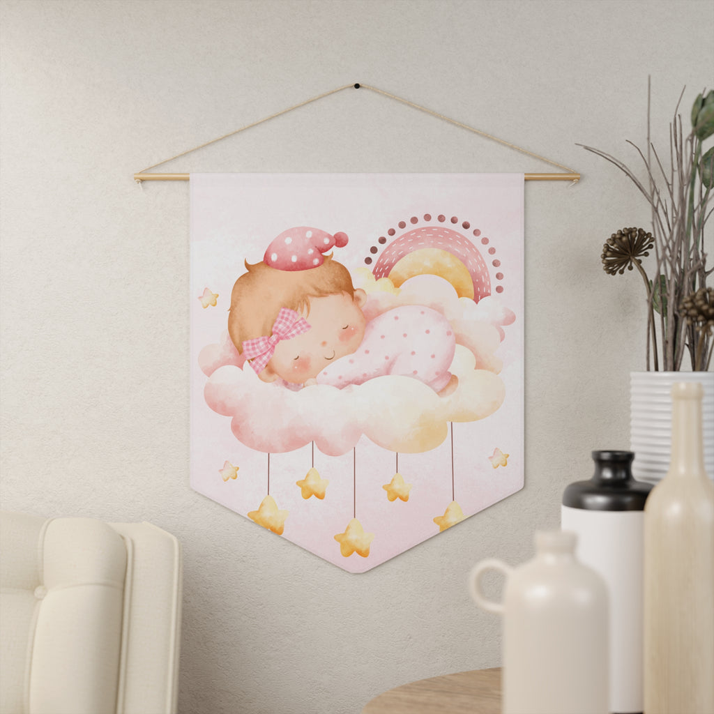 Baby Nursery Pennant Banner — Sleeping Baby on Cloud, Pink Rainbow Wall Decor for Baby Shower & Newborn