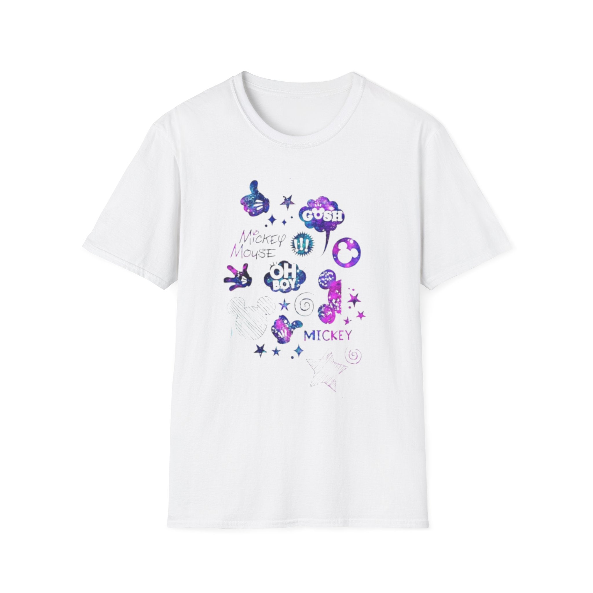 Mickey Mouse Galaxy Sticker Collage Unisex T‑Shirt — 'Oh Boy' Purple Space Graphic Tee