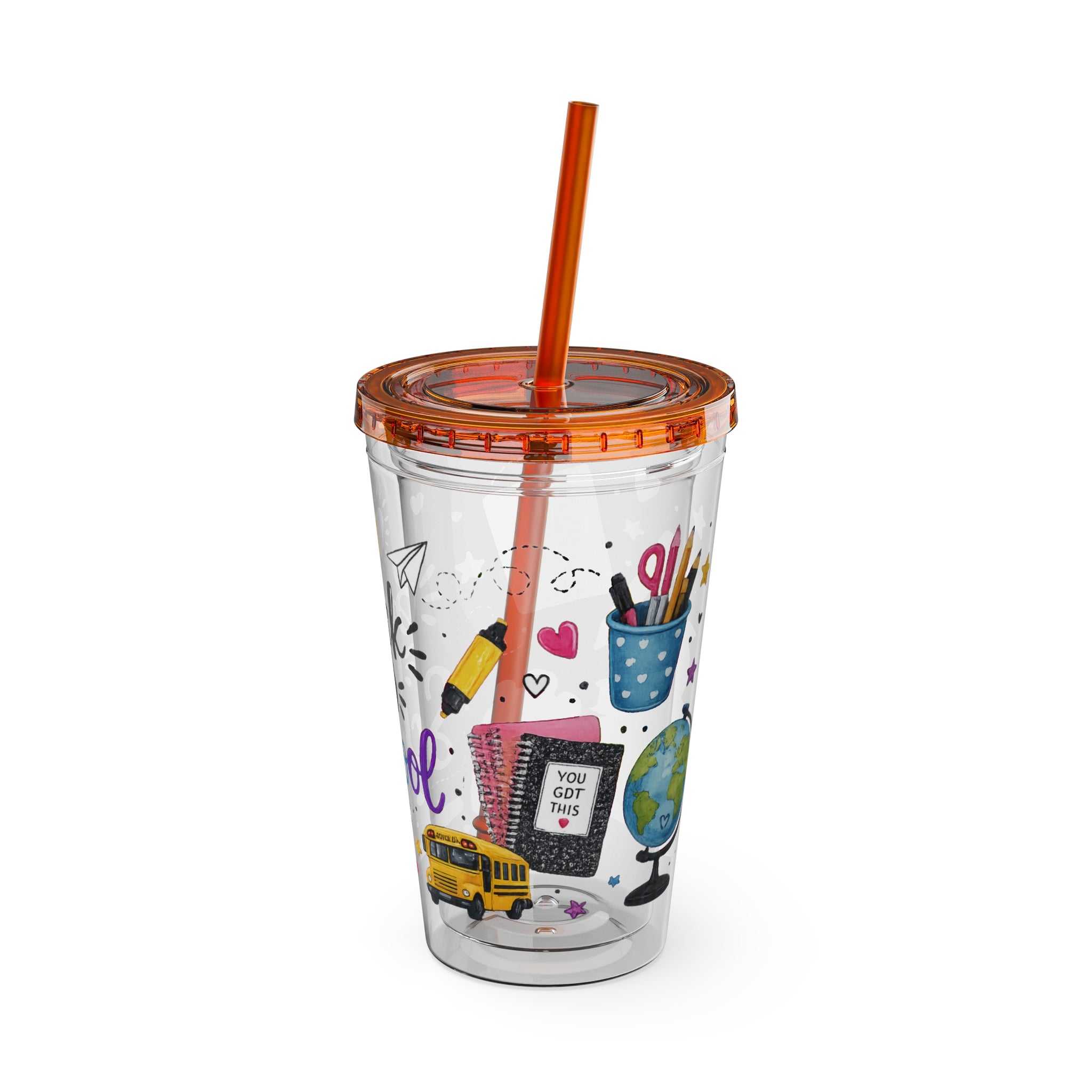 Back to School 16oz Tumbler with Straw – Cute School Supplies Design