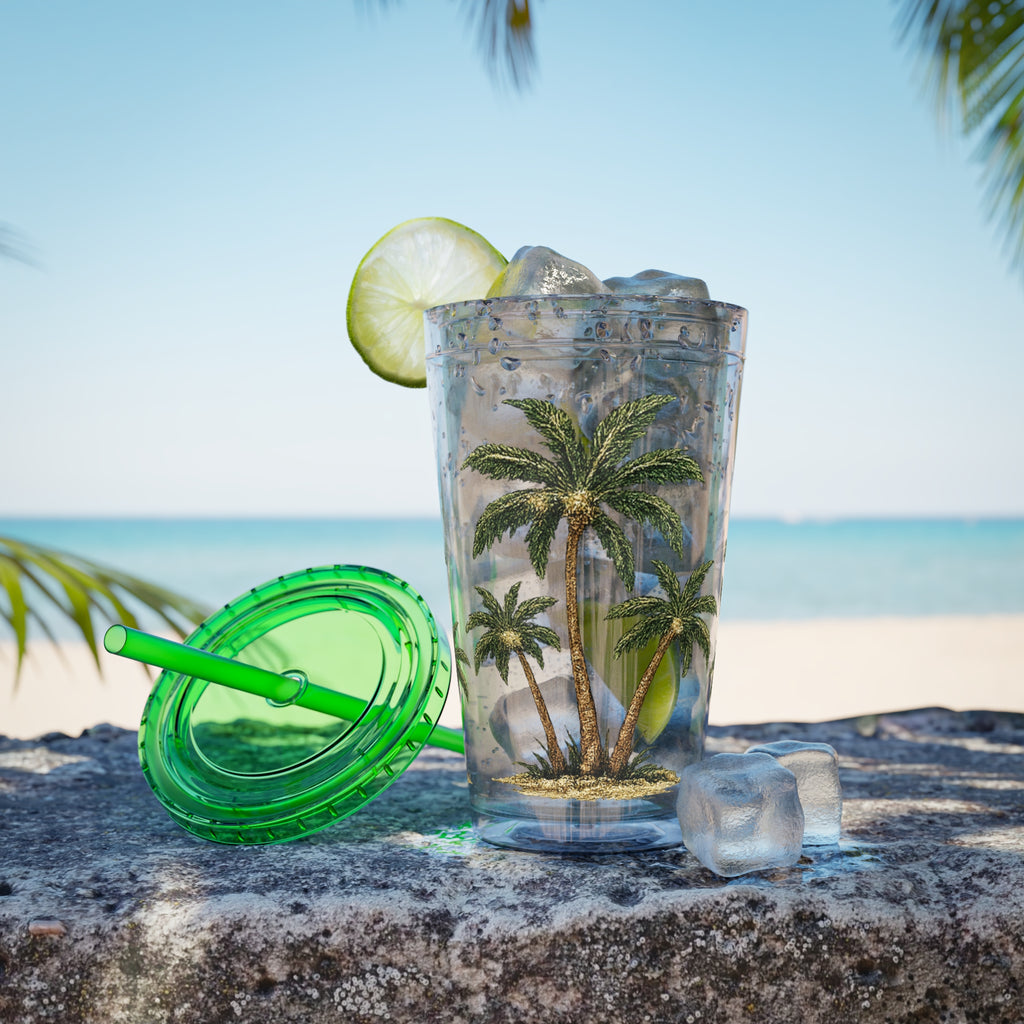 Palm Tree Tumbler — 16oz Clear Travel Cup with Straw, Tropical Sunsplash Design