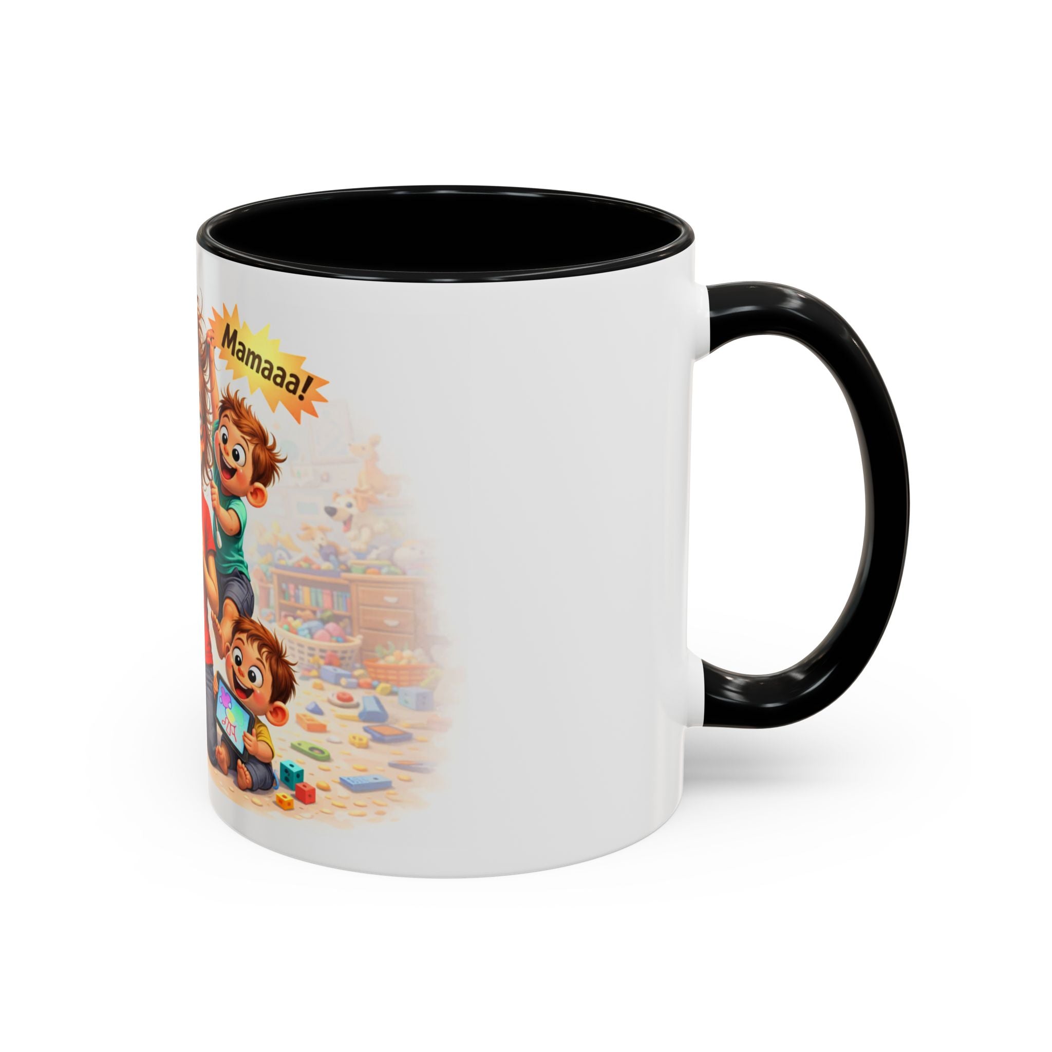 Coffee Mug – Funny Tired Mom Cartoon with Arabic “Mamaaa!” Designاهرب على فين