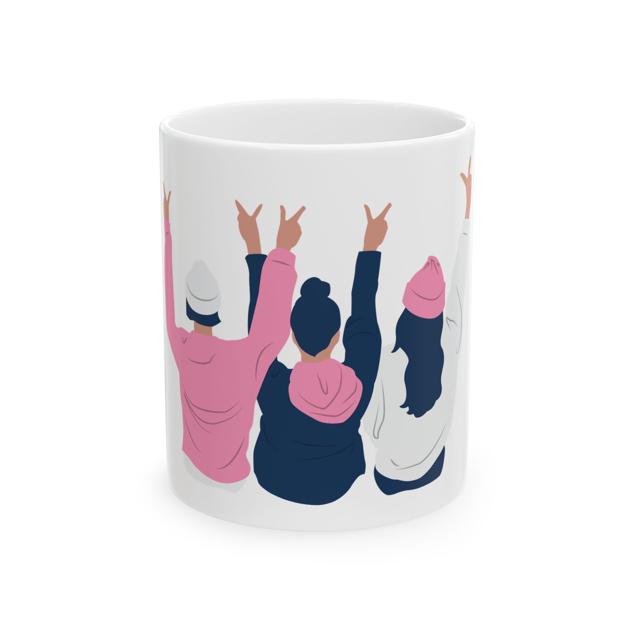 Friendship Coffee Mug — Women Raising Hands Illustration (11oz, 15oz)