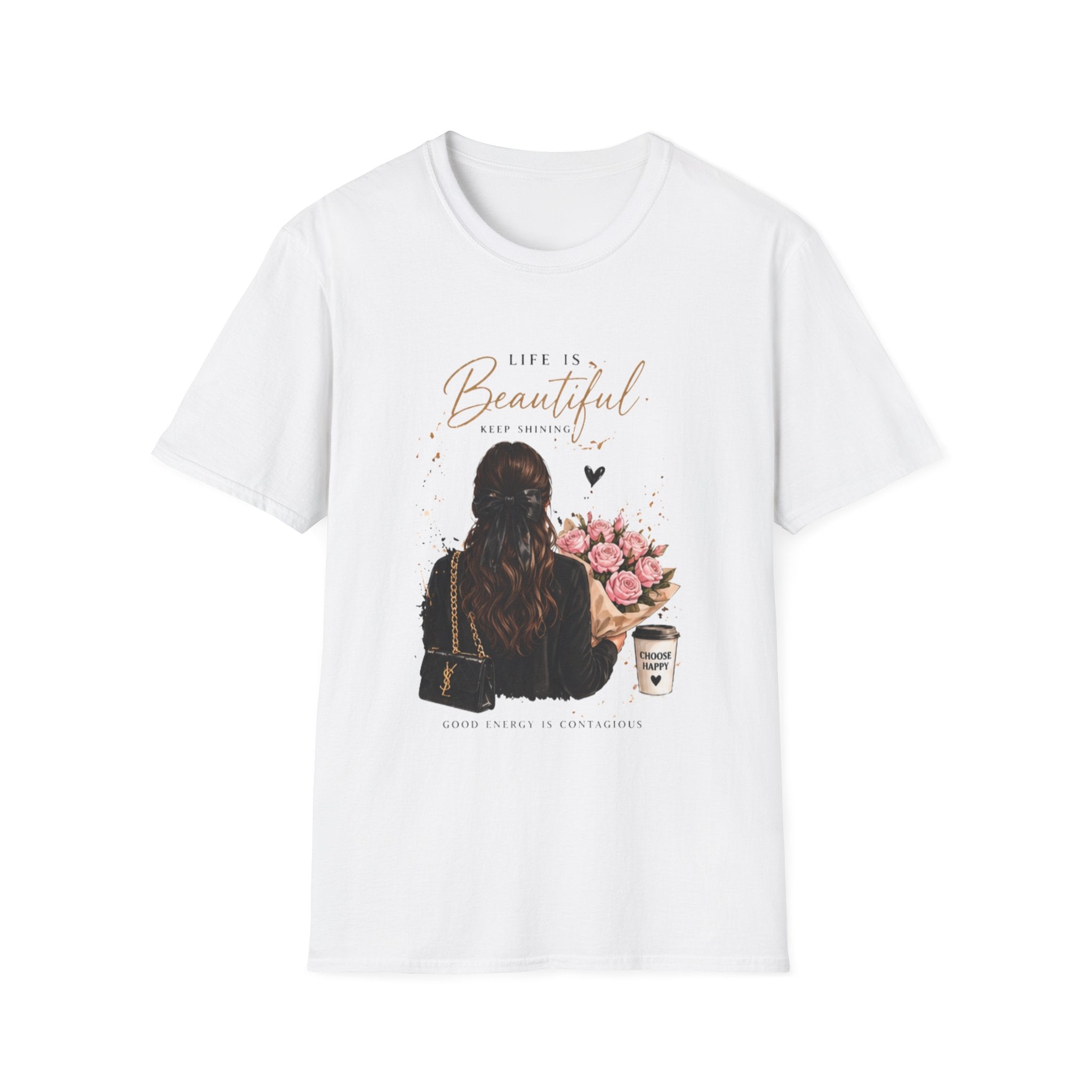Life Is Beautiful Tee — Woman with Flowers Graphic T-Shirt