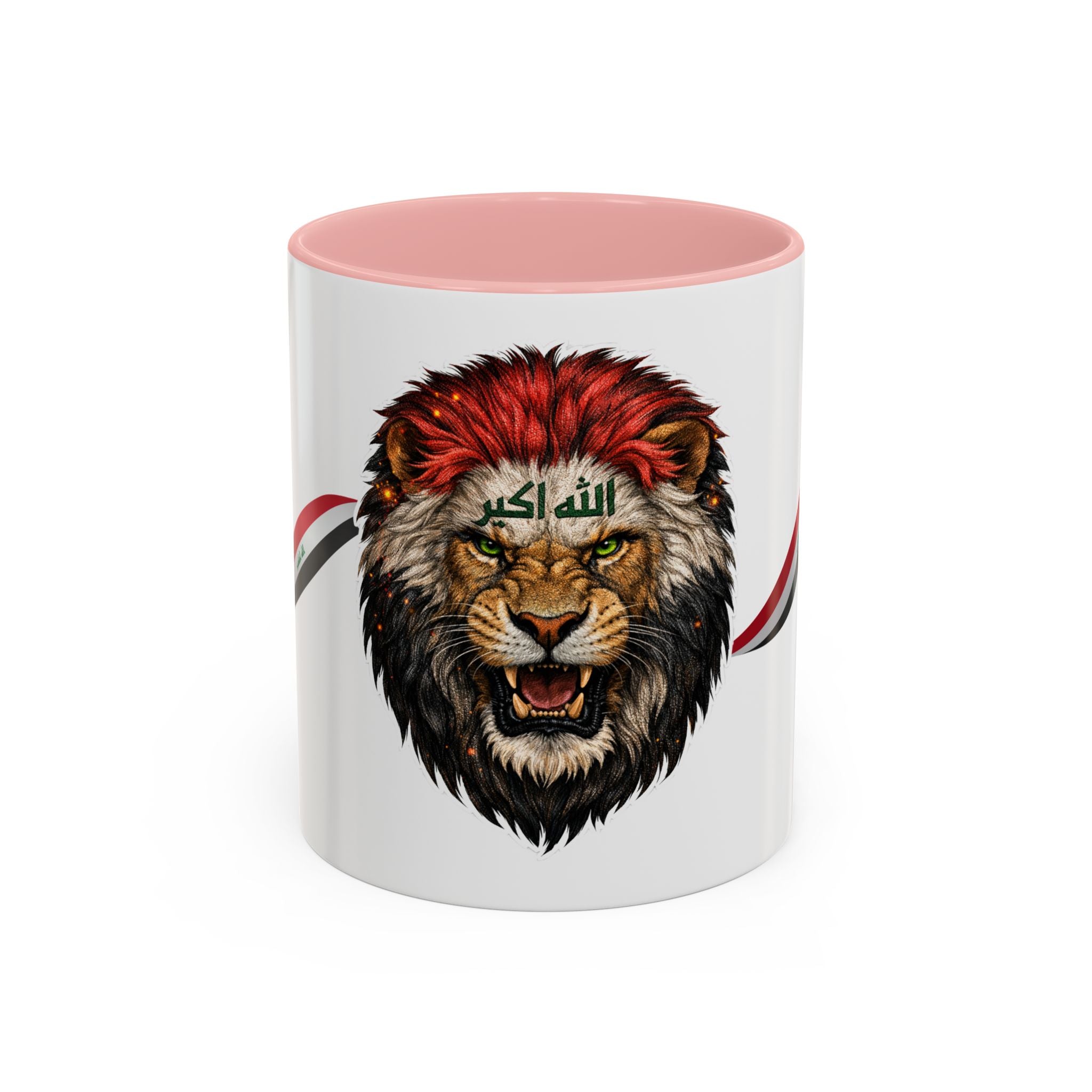 Iraq Lion Head Accent Coffee Mug with Arabic Script and Flag Ribbon – Patriotic Iraq Gift (11/15oz)